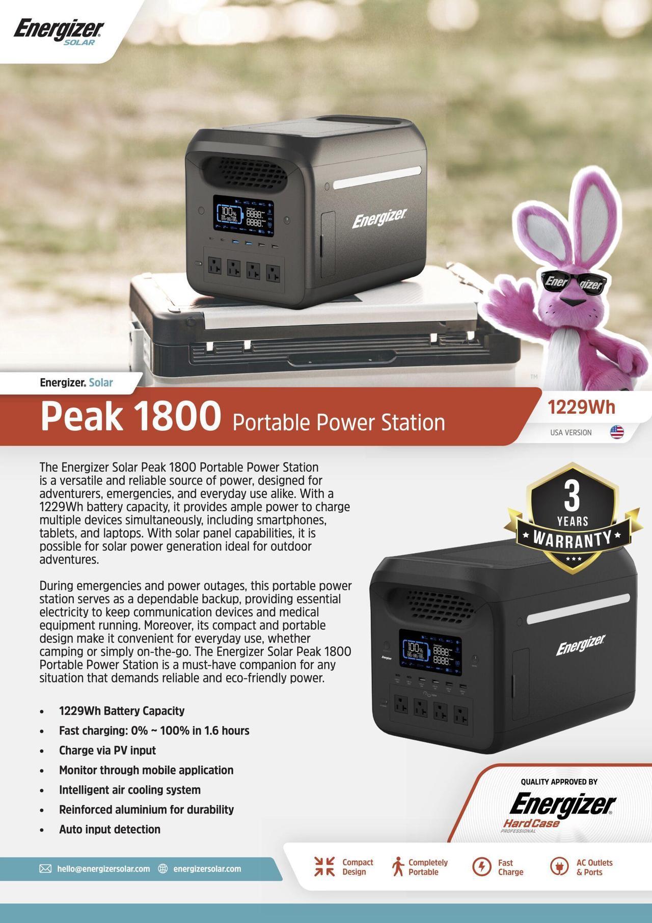 Alt view image 5 of 6 - Energizer Solar Peak 1800 Portable Power Station, 1229Wh LiFePO4, Dual Power Cords, for Camping & Emergency