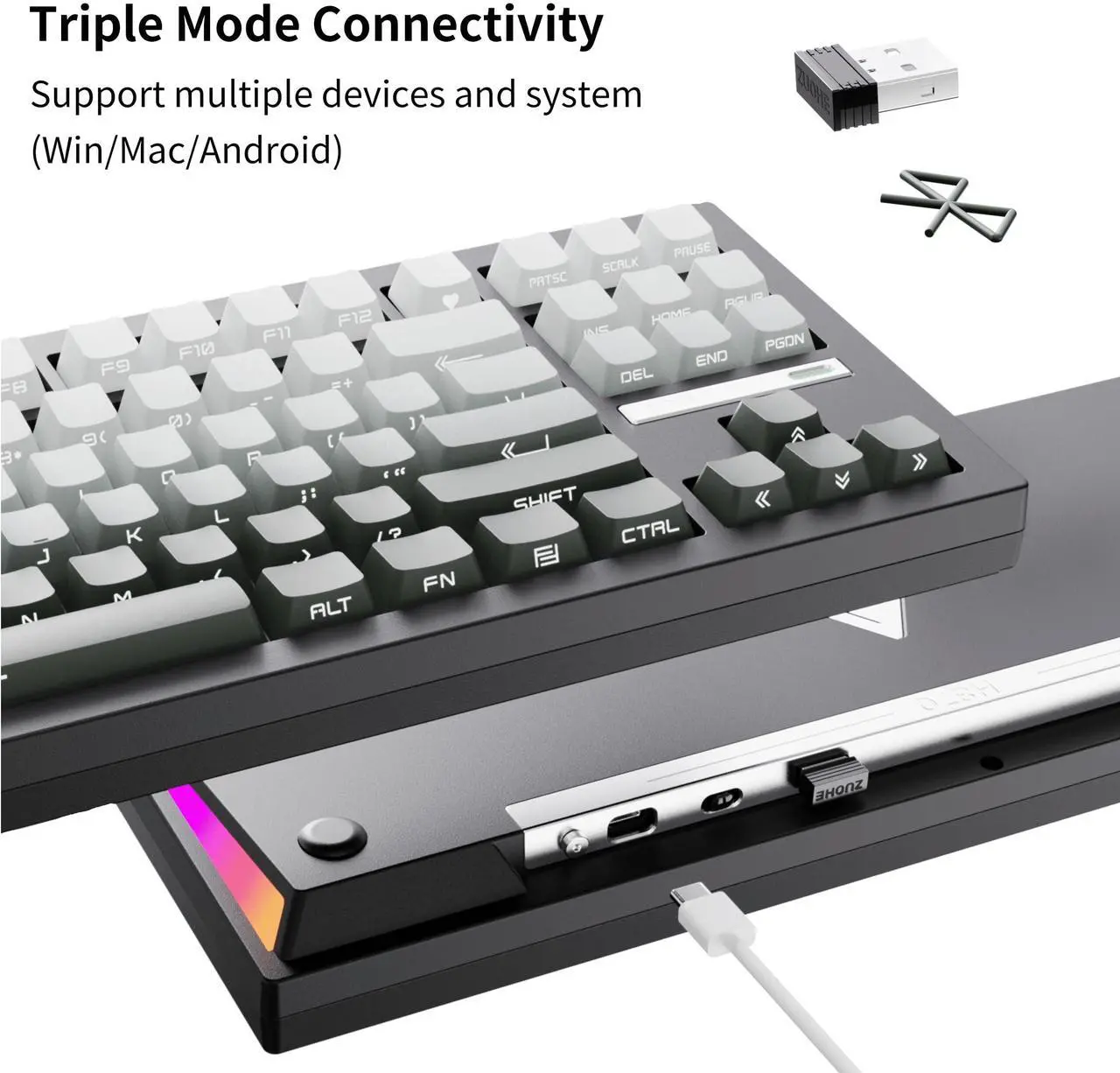 Alt view image 4 of 7 - ZORNHER ZH870 Wireless Mechanical Gaming Keyboard,80% Black Custom Creamy Sound Keyboard with Shine Through PBT Keycaps,Pre-lubed Linear Switches,Hot-Swappable,RGB Backlit,2.4GHz/USB-C/BT5.0