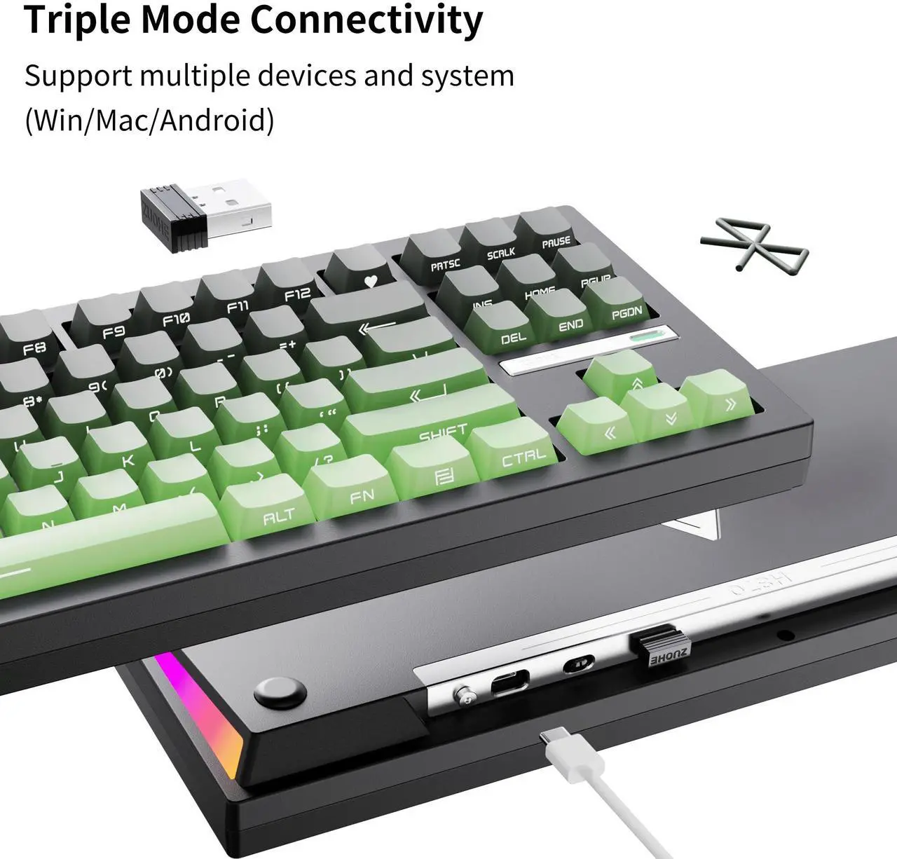 Alt view image 4 of 7 - ZORNHER ZH870 Wireless Mechanical Gaming Keyboard,80% Green Custom Creamy Sound Keyboard with Shine Through PBT Keycaps,Pre-lubed Linear Switches,Hot-Swappable,RGB Backlit,2.4GHz/USB-C/BT5.0