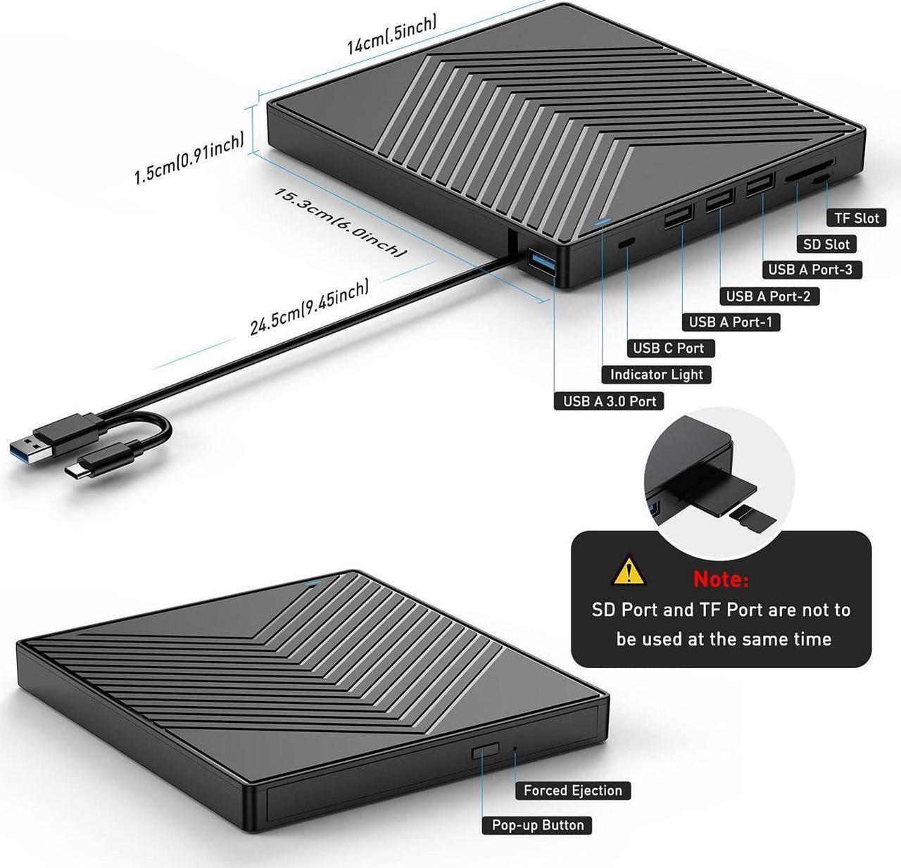 Alt view image 7 of 7 - DIXSG External CD DVD Drive, Ultra Slim CD Burner USB 3.0 with 4 USB Ports and 2 TF/SD Card Slots, Optical Disk Drive for Laptop Mac, PC Windows 11/10/8/7 Linux OS