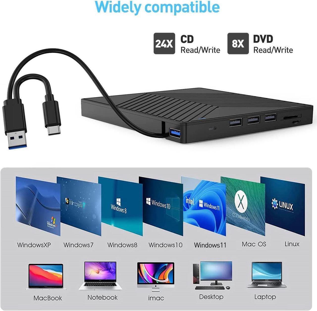 Alt view image 4 of 7 - DIXSG External CD DVD Drive, Ultra Slim CD Burner USB 3.0 with 4 USB Ports and 2 TF/SD Card Slots, Optical Disk Drive for Laptop Mac, PC Windows 11/10/8/7 Linux OS
