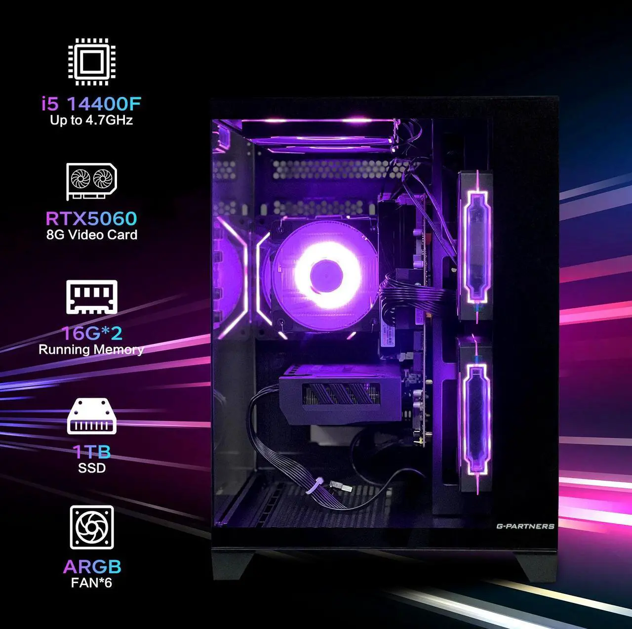 Alt view image 2 of 7 - AOACE Gaming PC Desktop INTEL Core i5 14400F 2.5 GHz, NVIDIA RTX 5060 8G DLSS 4, 32GB DDR4 RAM 3200MHz,1TB NVMe PCIe4.0, Wi-Fi6E, Game Design Office console,Sea View Room,Windows 11 Home 64-bit