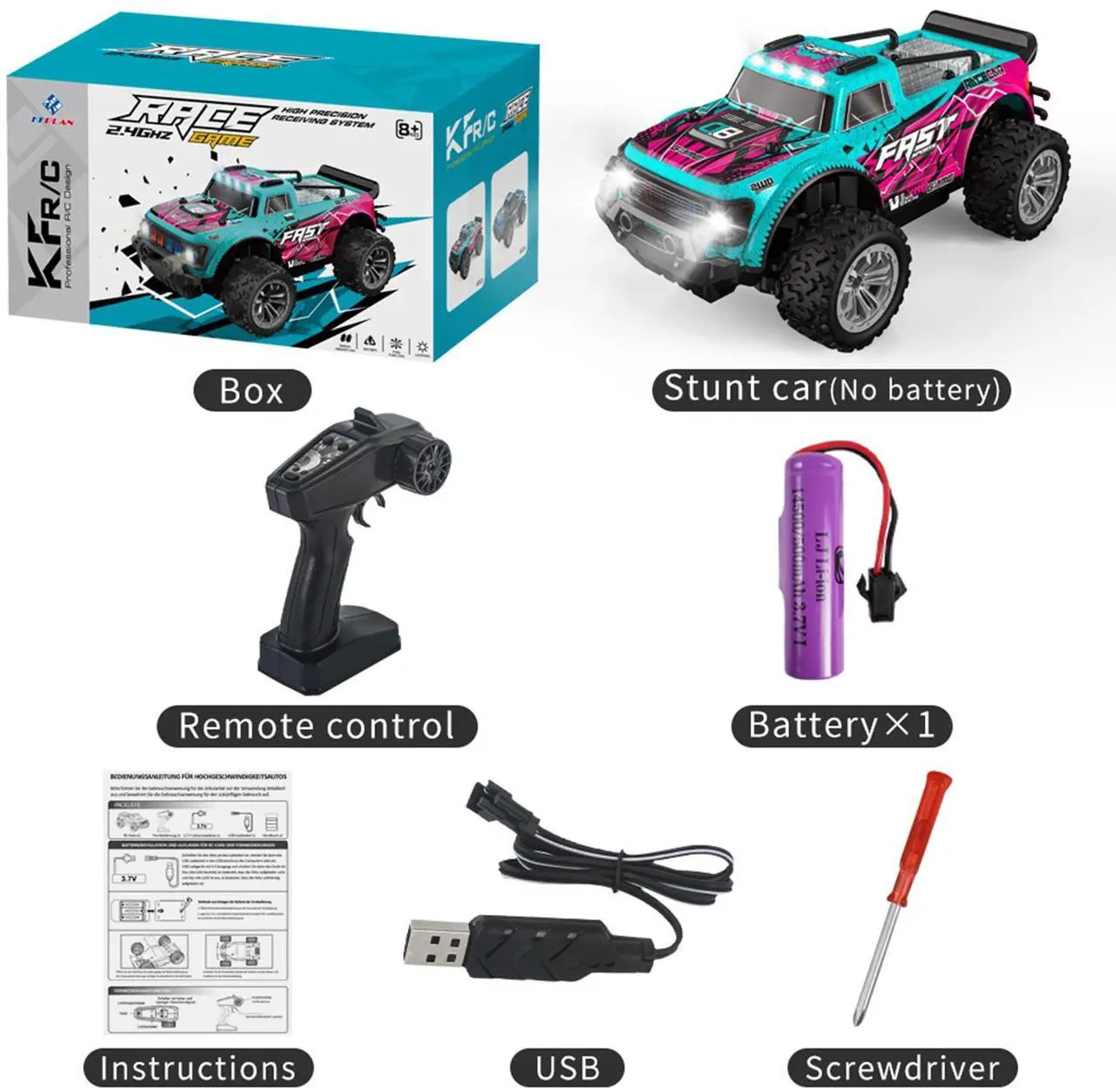 Alt view image 2 of 7 - DUCI KF23high-speed remote control car, big foot climbing mini off-road vehicle RC car full scale 1:20, speed 15km / h, range of 18 minutes, front and rear roof lights, carbon brush, blue (1 battery)