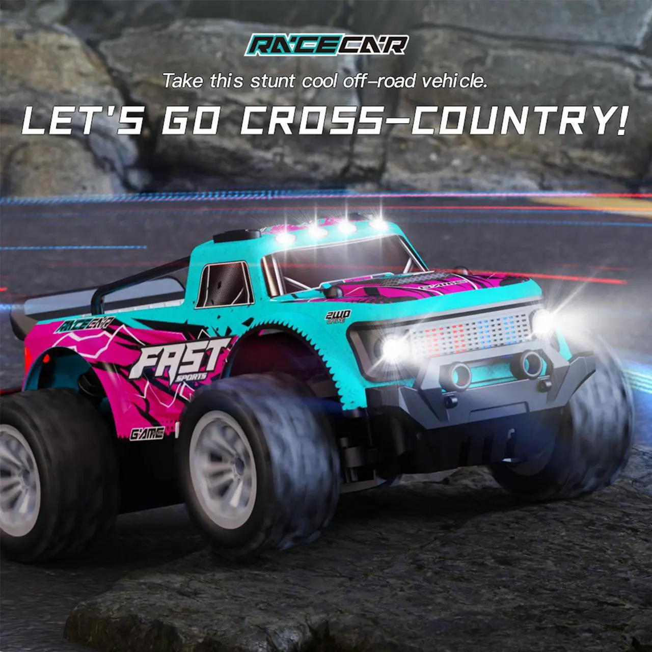 Alt view image 3 of 7 - DUCI KF23high-speed remote control car, big foot climbing mini off-road vehicle RC car full scale 1:20, speed 15km / h, range of 18 minutes, front and rear roof lights, carbon brush, blue (1 battery)