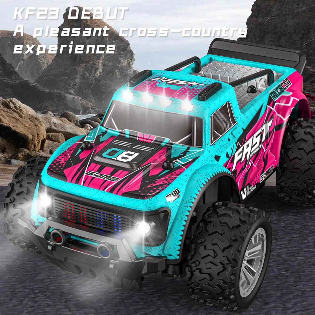 Alt view image 4 of 7 - DUCI KF23high-speed remote control car, big foot climbing mini off-road vehicle RC car full scale 1:20, speed 15km / h, range of 18 minutes, front and rear roof lights, carbon brush, blue (1 battery)
