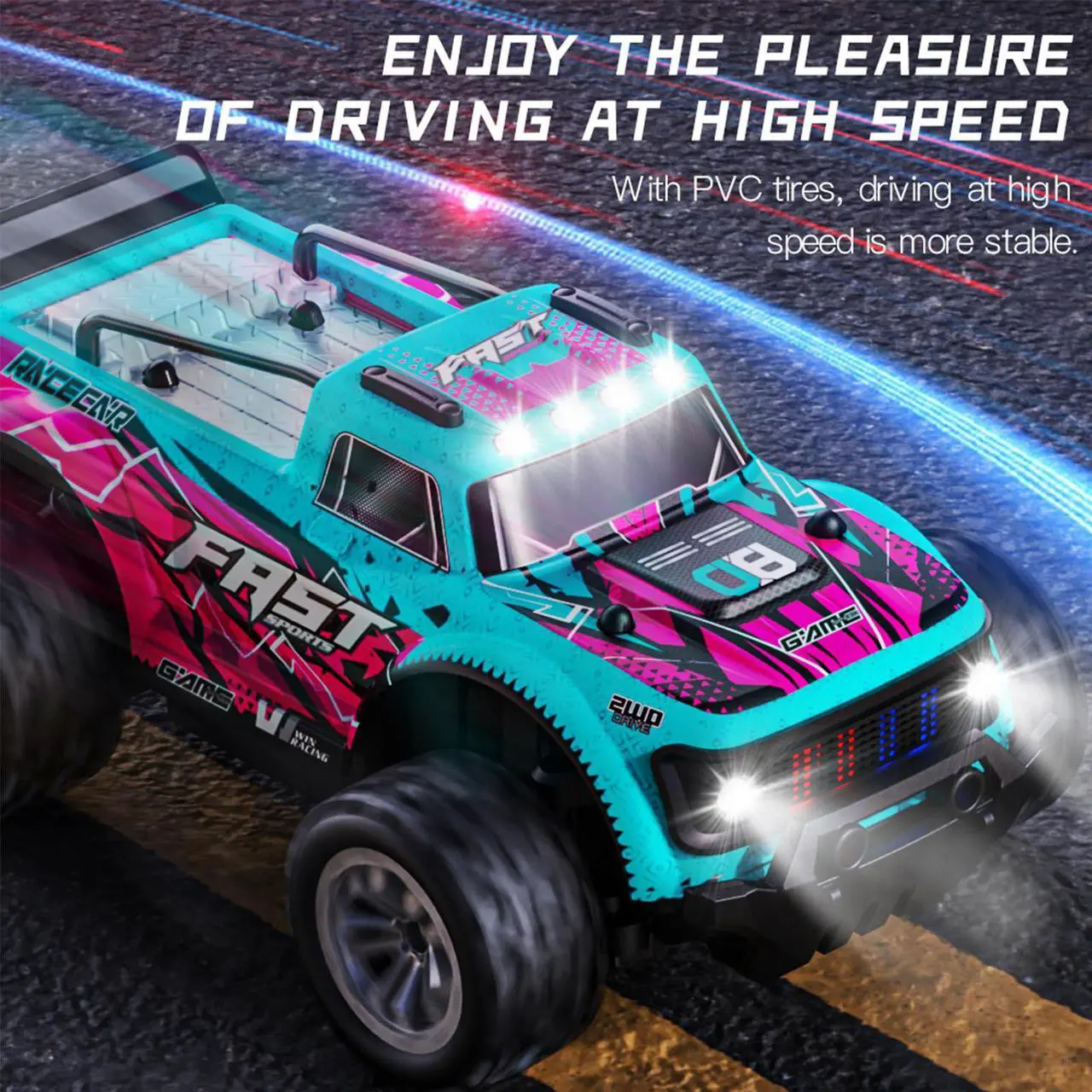 Alt view image 7 of 7 - DUCI KF23high-speed remote control car, big foot climbing mini off-road vehicle RC car full scale 1:20, speed 15km / h, range of 18 minutes, front and rear roof lights, carbon brush, blue (1 battery)