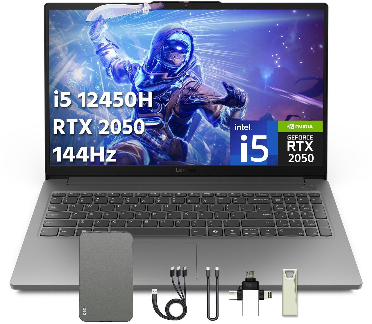 Main image of Lenovo LOQ Essential 15.6" Gaming Laptop, 144Hz FHD IPS Display, 16GB DDR5, 512GB PCIe SSD, Intel i5-12450HX, NVIDIA GeForce RTX 2050 Graphics, Win 11, Wi-Fi 6, Gray, 128GB Docking Station Set