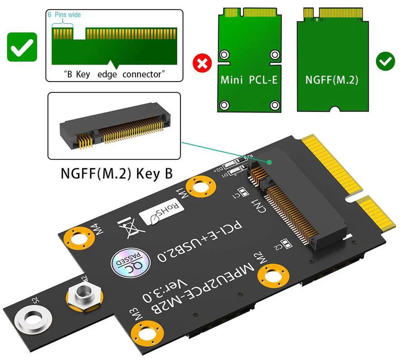 Alt view image 4 of 5 - M.2 Key B to Mini PClE adapterwith dual Nano SlM card supportfor3G/4G/5G modules