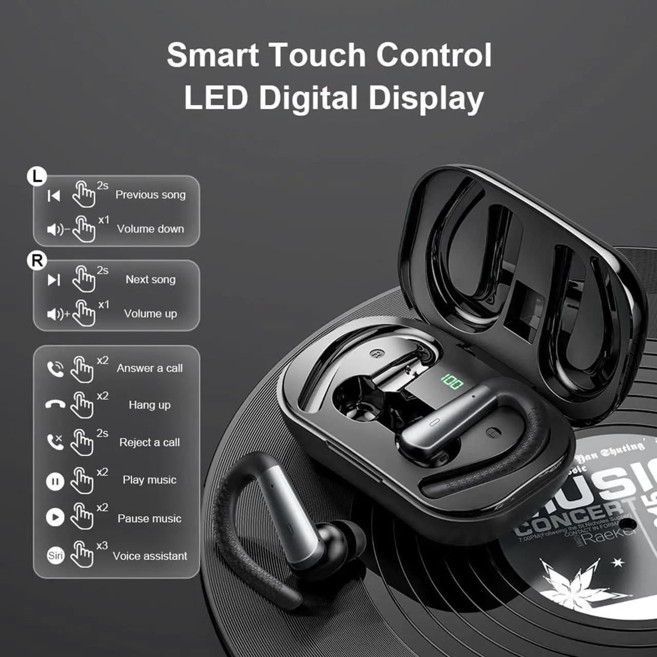 Alt view image 2 of 5 - JNXIKOU Wireless Earbuds Bluetooth Headphones with Earhook,ENC Noise Cancelling Mic,30Hrs Playtime,IPX7 Waterproof,Power Display,Bass in Ear Earphones for Running Workout Gym