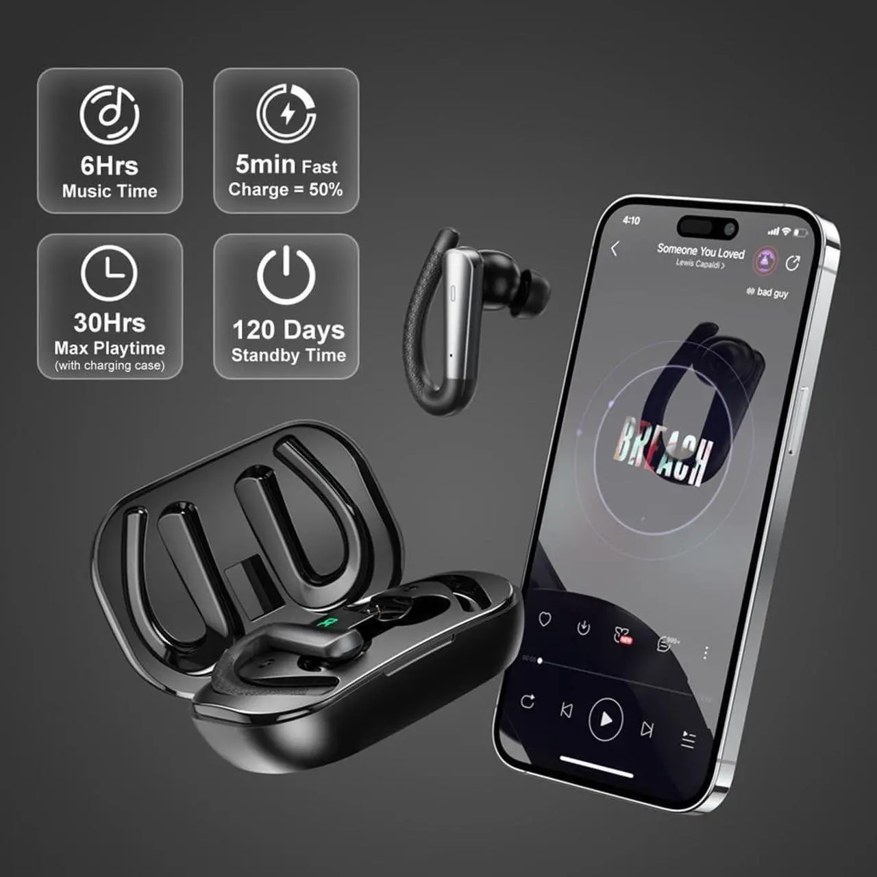 Alt view image 4 of 5 - JNXIKOU Wireless Earbuds Bluetooth Headphones with Earhook,ENC Noise Cancelling Mic,30Hrs Playtime,IPX7 Waterproof,Power Display,Bass in Ear Earphones for Running Workout Gym