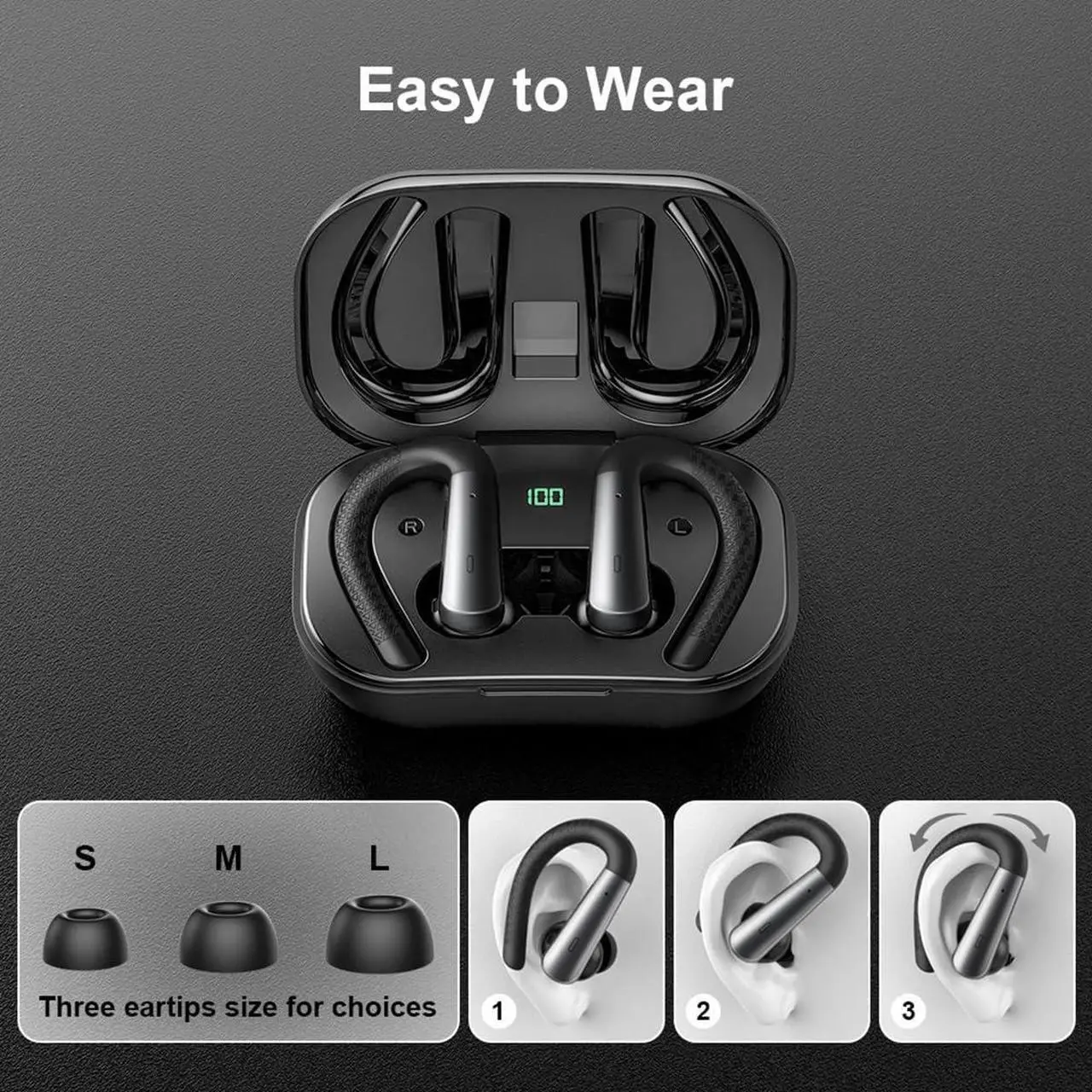 Alt view image 3 of 5 - JNXIKOU Wireless Earbuds Bluetooth Headphones with Earhook,ENC Noise Cancelling Mic,30Hrs Playtime,IPX7 Waterproof,Power Display,Bass in Ear Earphones for Running Workout Gym