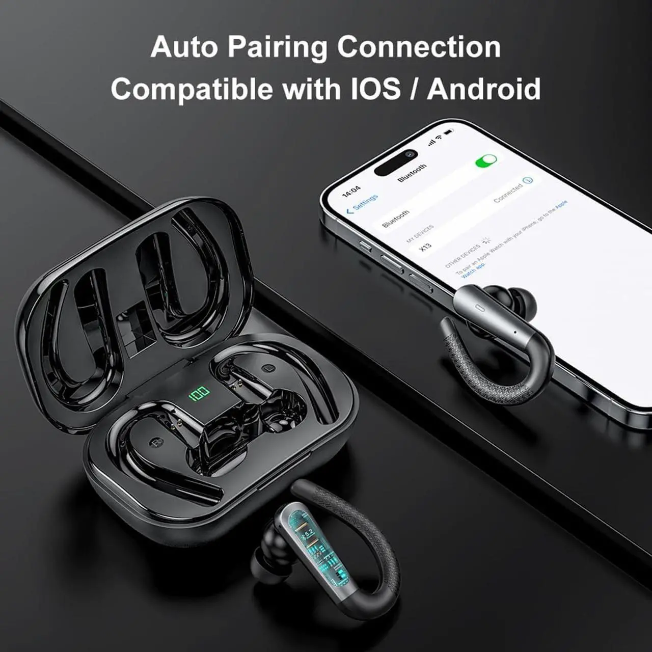 Alt view image 5 of 5 - JNXIKOU Wireless Earbuds Bluetooth Headphones with Earhook,ENC Noise Cancelling Mic,30Hrs Playtime,IPX7 Waterproof,Power Display,Bass in Ear Earphones for Running Workout Gym