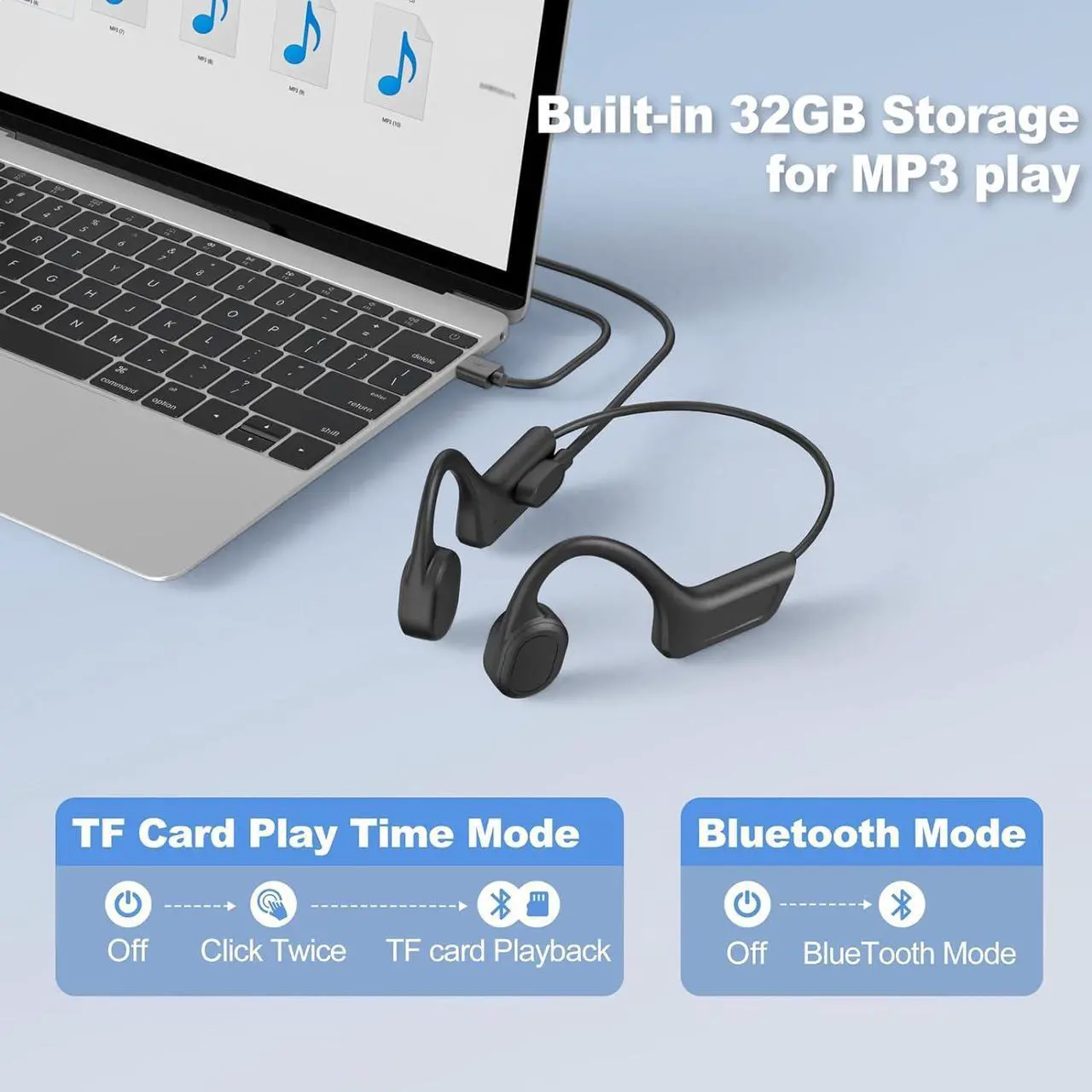 Alt view image 5 of 5 - Bone Conduction Headphones IP68,Wireless Bluetooth 5.3 Earphones with Microphone, Built-in 32GB MP3 Open Ear Bluetooth Headphones for Running,Cycling