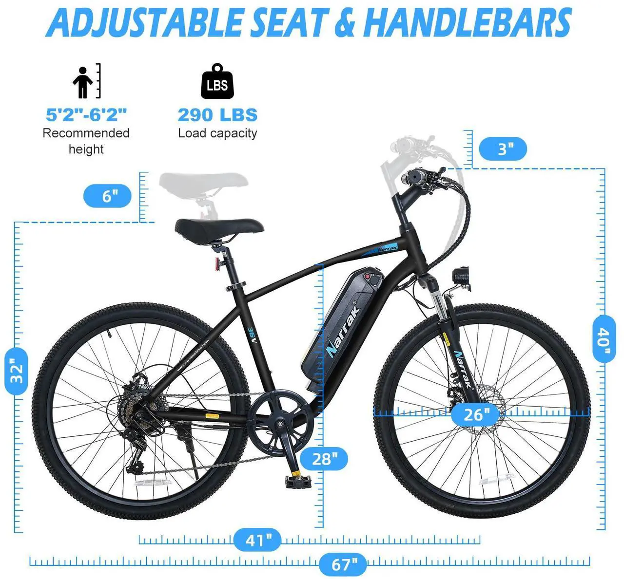 Alt view image 6 of 6 - Narrak Electric Mountain Bike for Adults 26" Step-Over Commuting Ebike for Men Women with Peak Power 540W, 374WH Removable Battery, LCD Display, 7 Gears & Front Shock Absorber (Step Over - Black)