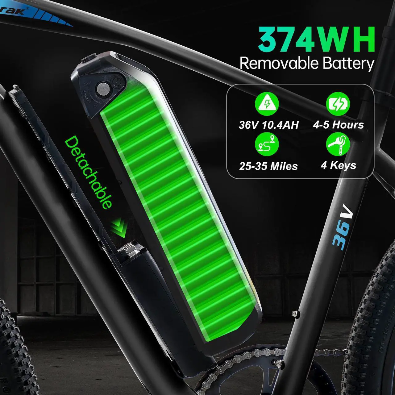 Alt view image 3 of 6 - Narrak Electric Mountain Bike for Adults 26" Step-Over Commuting Ebike for Men Women with Peak Power 540W, 374WH Removable Battery, LCD Display, 7 Gears & Front Shock Absorber (Step Over - Black)