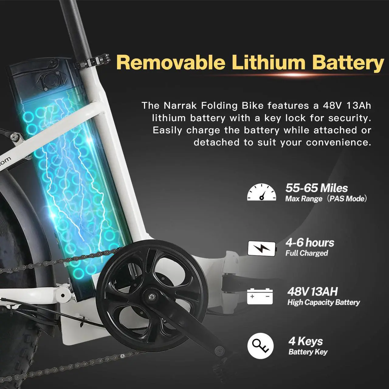 Alt view image 2 of 7 - Fat Tire Folding Electric Bike, 48V & 624Wh Lithium Removable Battery, Peak 1100W Brushless Motor, Max Speed 28Mph, M5 Large LCD Display, Suspension, Step-Over/Thru Frame Step-thru White