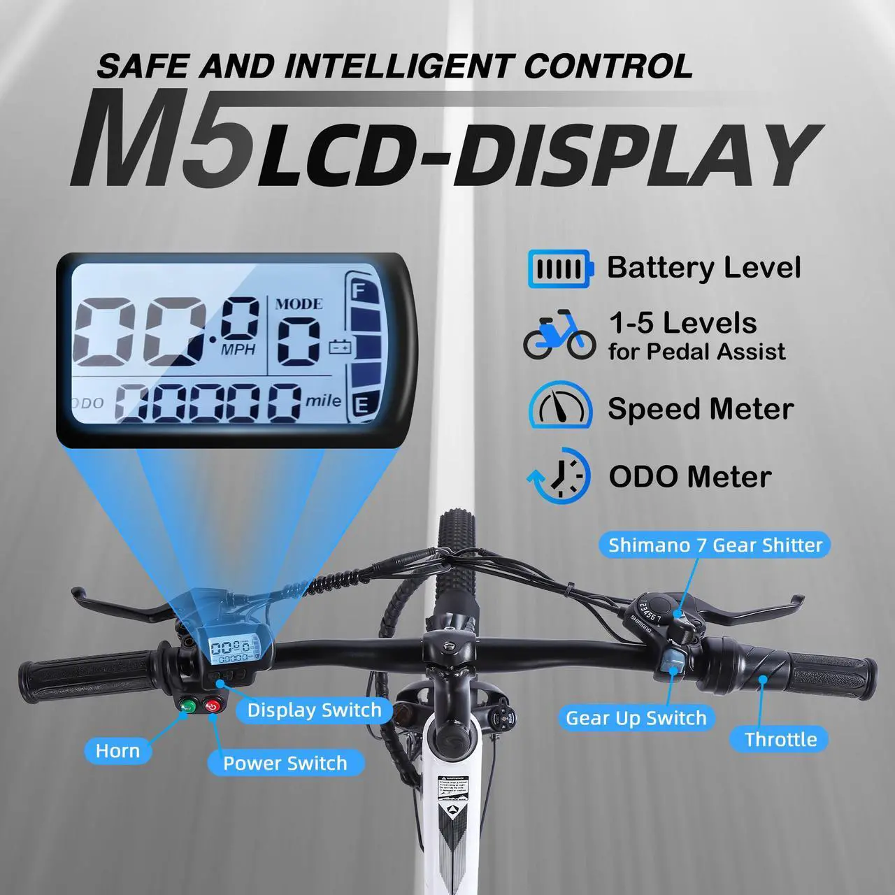 Alt view image 6 of 7 - Electric Mountain Bike for Adults 26" Step-Over/Thru Commuter Ebike for Men Women, 1100W Peak Motor, 500Wh Removable Battery, LCD Display, 7-Speed, Front Suspension Step-thru White