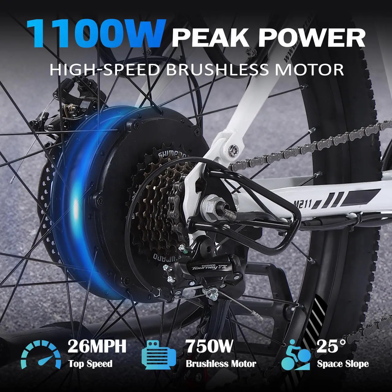 Alt view image 4 of 7 - Electric Mountain Bike for Adults 26" Step-Over/Thru Commuter Ebike for Men Women, 1100W Peak Motor, 500Wh Removable Battery, LCD Display, 7-Speed, Front Suspension Step-thru White