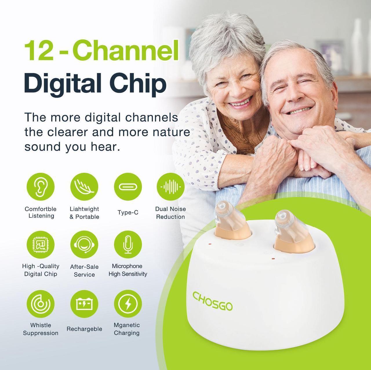 Alt view image 3 of 7 - Chosgo K19 Rechargeable Personal Sound Amplifier with Portable Charging Case,Hearing Amplifiers for Seniors with Noise Cancelling,Mini CIC Hearing Aids with 12-Channel(Beige)