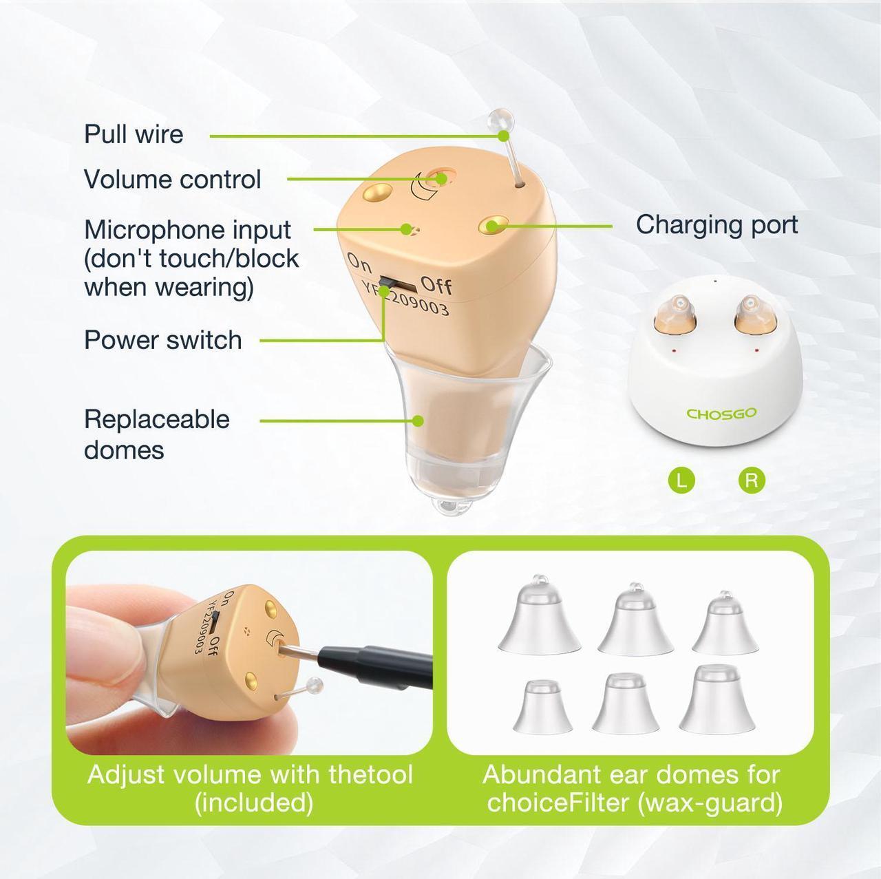 Alt view image 5 of 7 - Chosgo K19 Rechargeable Personal Sound Amplifier with Portable Charging Case,Hearing Amplifiers for Seniors with Noise Cancelling,Mini CIC Hearing Aids with 12-Channel(Beige)