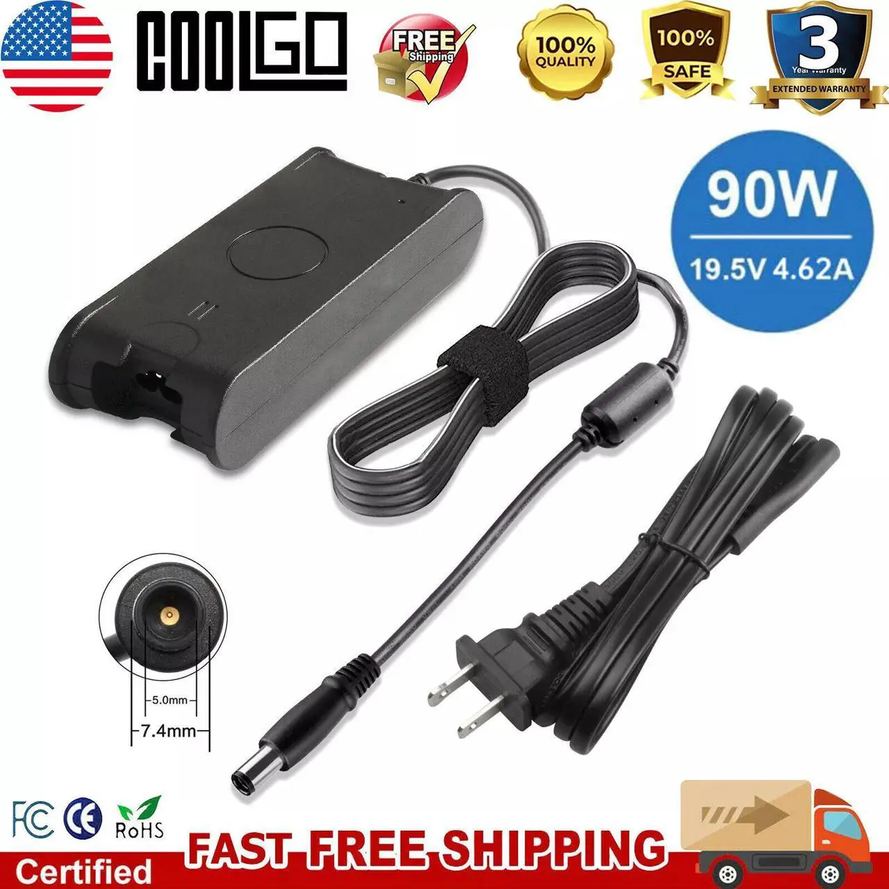 Alt view image 6 of 6 - Tronovia For Dell Latitude E5570 P48F001 Laptop 90W Charger AC Adapter Power Supply Cord