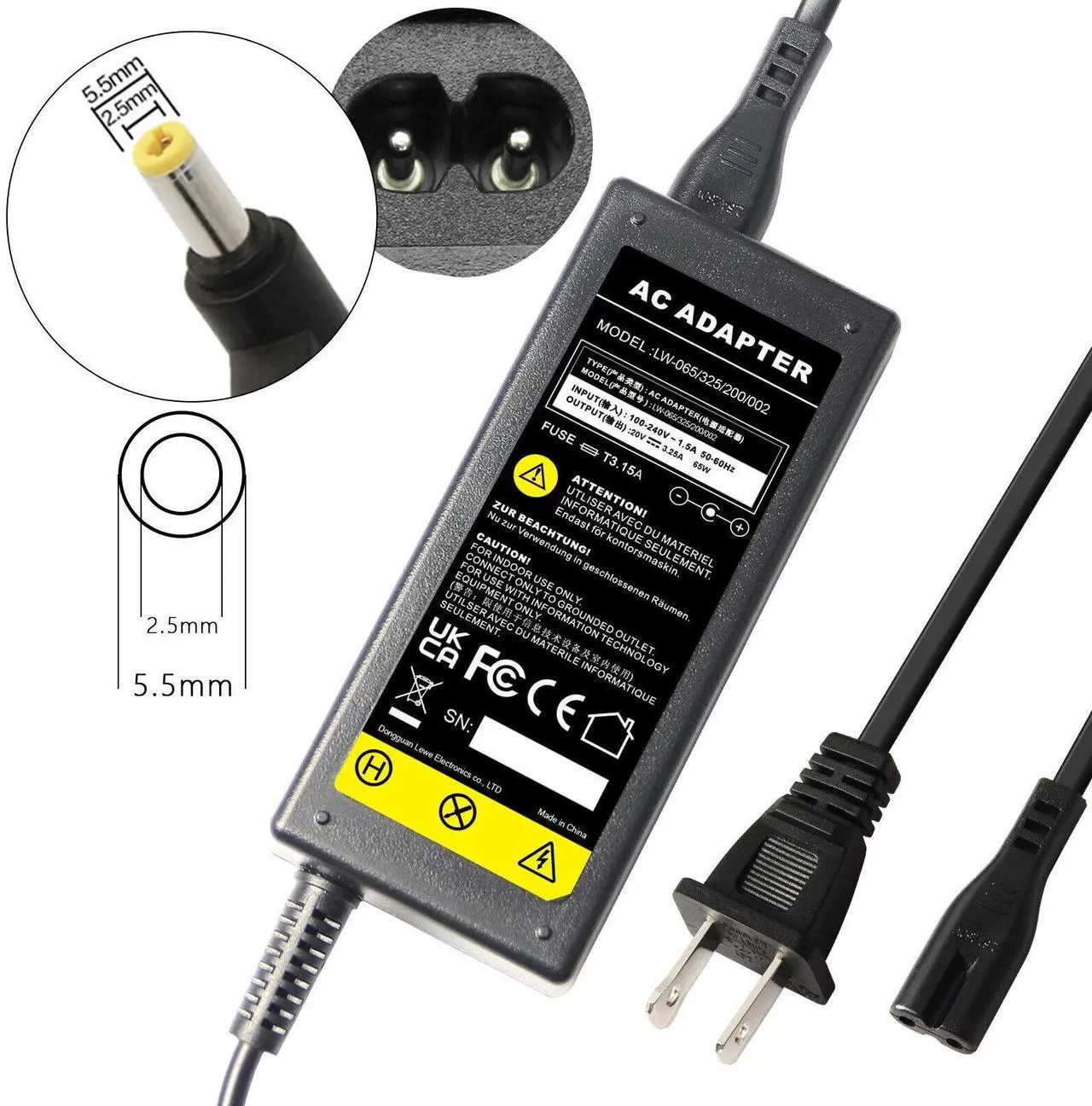 Alt view image 3 of 5 - Tronovia 65W 20V 3.25A Power Adapter Charger for Lenovo Laptop 5.2*2.5mm Yellow Tip