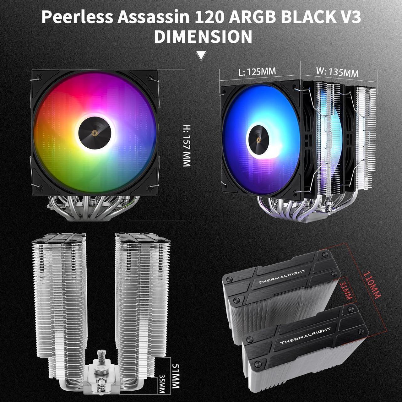 Alt view image 5 of 5 - Thermalright Peerless Assassin 120 ARGB Black V3 CPU Air Cooler,6 Heat Pipes CPU Cooling,Dual 120MM CPU Fans,Black Top Cover,for AM4/AM5/Intel lga1851/1700/115X/1200/2011,PC Heat Sink Cooler