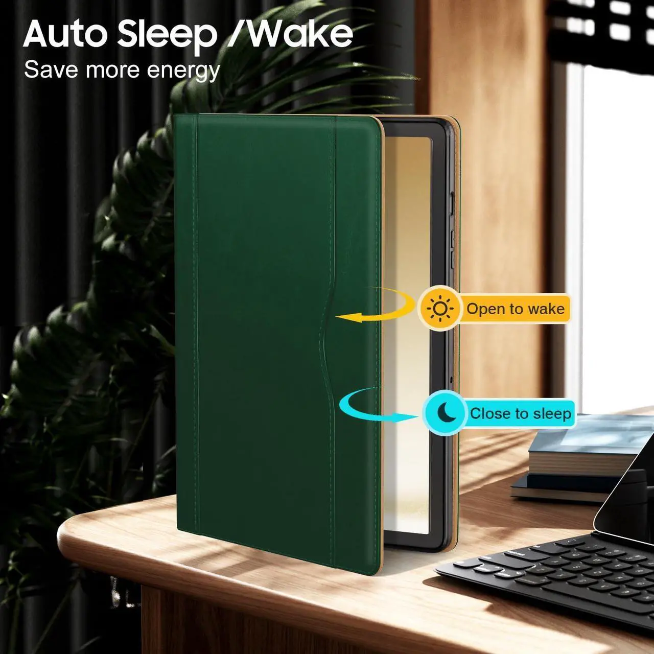 Alt view image 3 of 5 - OKP Case for Samsug Galaxy Tab A9+ Plus 11 inch 2024(SM-X210/X216/X218), PU Leather Folio Cover with Multi-Angle Stand//Pen Holder, Auto Wake/Sleep Case for Galaxy A9+ 11" Tablet (Alpine Green)
