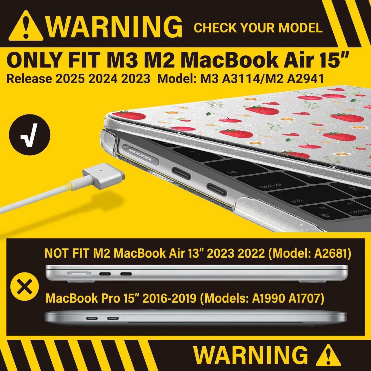 Alt view image 3 of 5 - IBENZER Compatible with New 2025 2024 2023 MacBook Air 15 Inch Case M4 A3241 M3 A3114 M2 A2941, Hard Shell Case for Mac Air 15.3" Retina Display & Touch ID, Strawberry, MAT15-STBY
