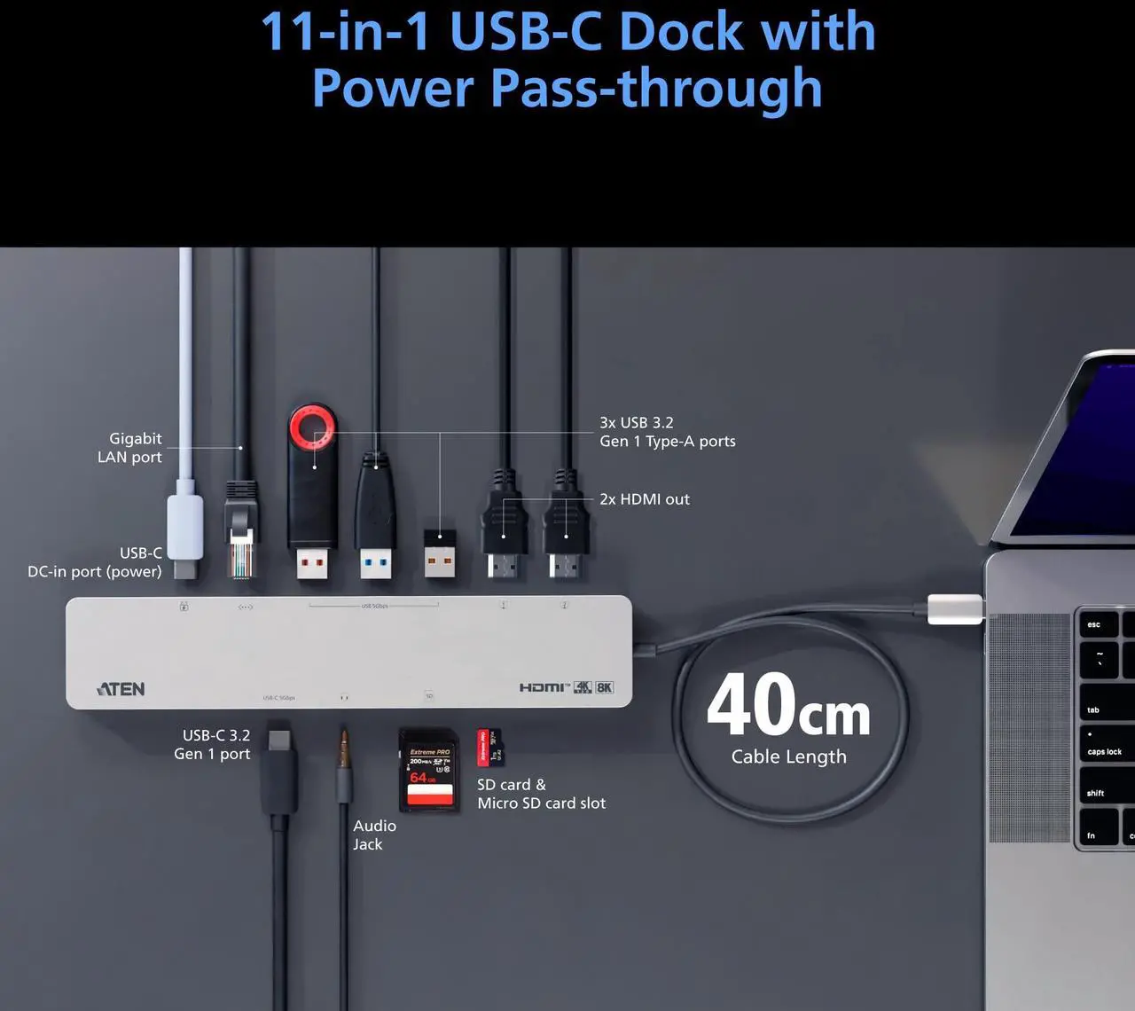 Alt view image 5 of 5 - ATEN UH3240 11-in-1 USB-C 16" USB Hub, Dual Monitor 4K 120Hz Supports 8K 7680 x 4320 HDMI Display 100W Power Delivery PD 3.0 Compatible with macOS, Windows, Computer Laptops, iOS, iPadOS, Android