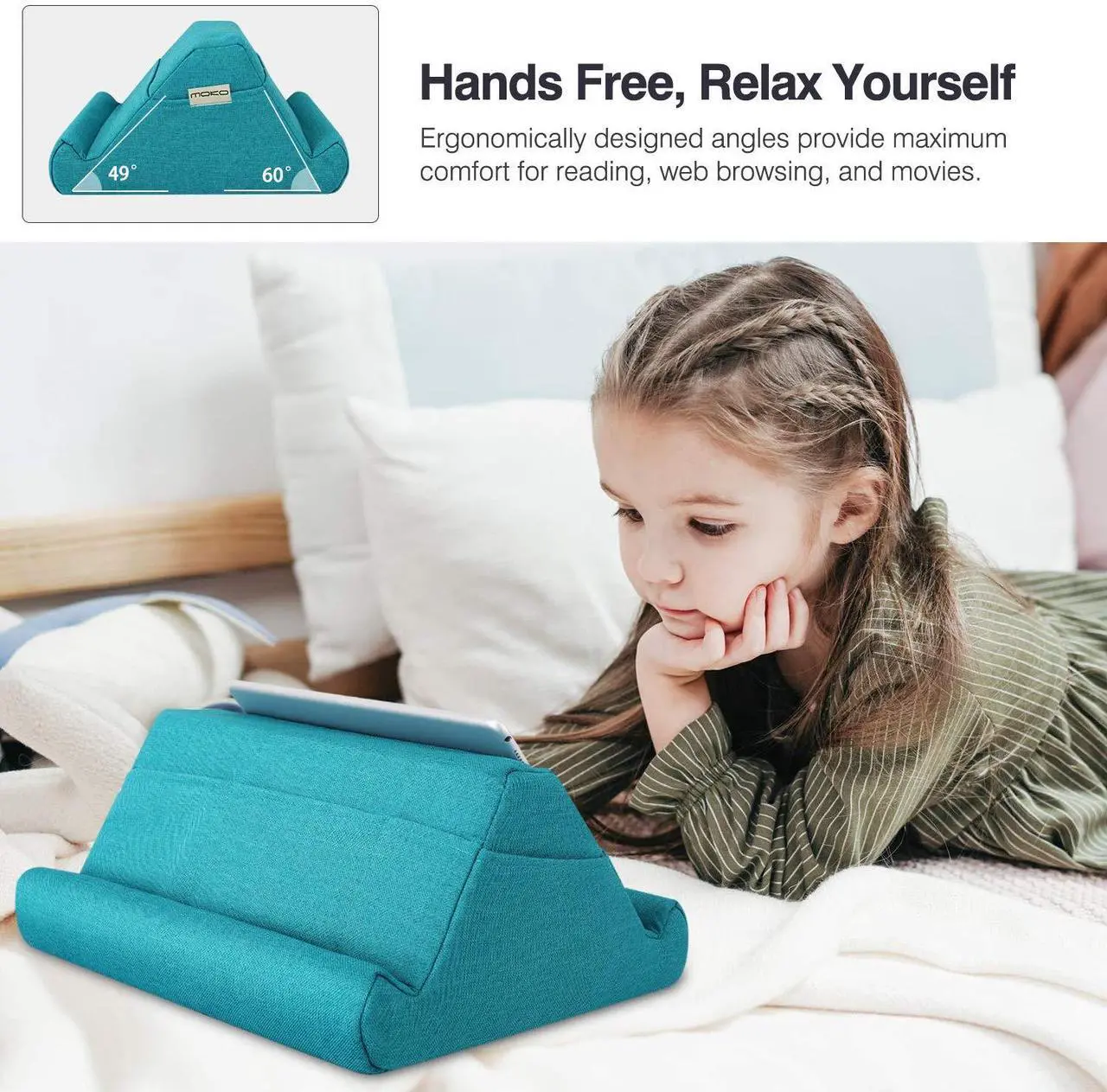 Alt view image 2 of 5 - MoKo Tablet Pillow Holder, Pillow for iPad Multi-Angle Soft Tablet Stand Up to 12.9", Lap Pillow for eReaders, Books, Magazines, Fit iPad 10.2", iPad Air 3 2, iPad Pro 11"/ Pro 12.9" / 9.7" - Sea Blue