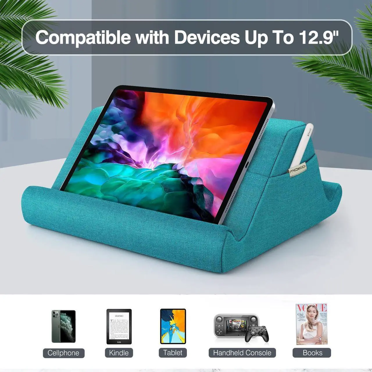 Alt view image 3 of 5 - MoKo Tablet Pillow Holder, Pillow for iPad Multi-Angle Soft Tablet Stand Up to 12.9", Lap Pillow for eReaders, Books, Magazines, Fit iPad 10.2", iPad Air 3 2, iPad Pro 11"/ Pro 12.9" / 9.7" - Sea Blue