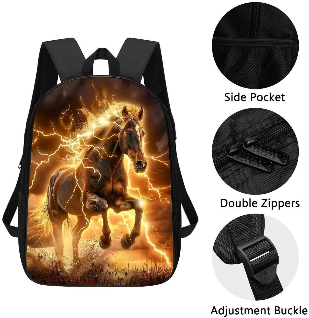 Alt view image 3 of 5 - ALIFAFA Horse Backpack Cool Lightning Horse Backpack for Boys Girls Kids Teens, Elementary Middle High College School Bag Laptop Daypack Rucksack for School & Travel, 17 Inch