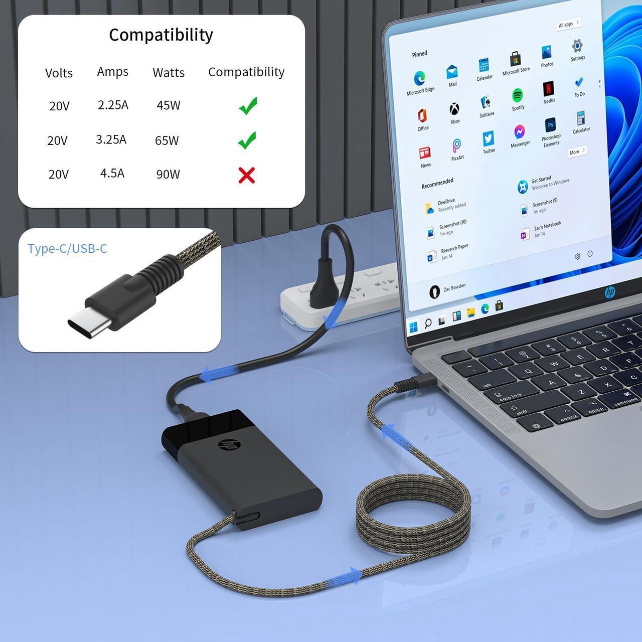 Alt view image 2 of 5 - New 65W 45W USB C Laptop Charger Fit for HP EliteBook 840 845 835 830 865 860 640 655 1040 G9 G8 G10 ProBook 440 450 445 460 465 G9 G10 G11 HP Elite x2 1012 G1 G2 Laptop AC Power Adapter Supply Cord