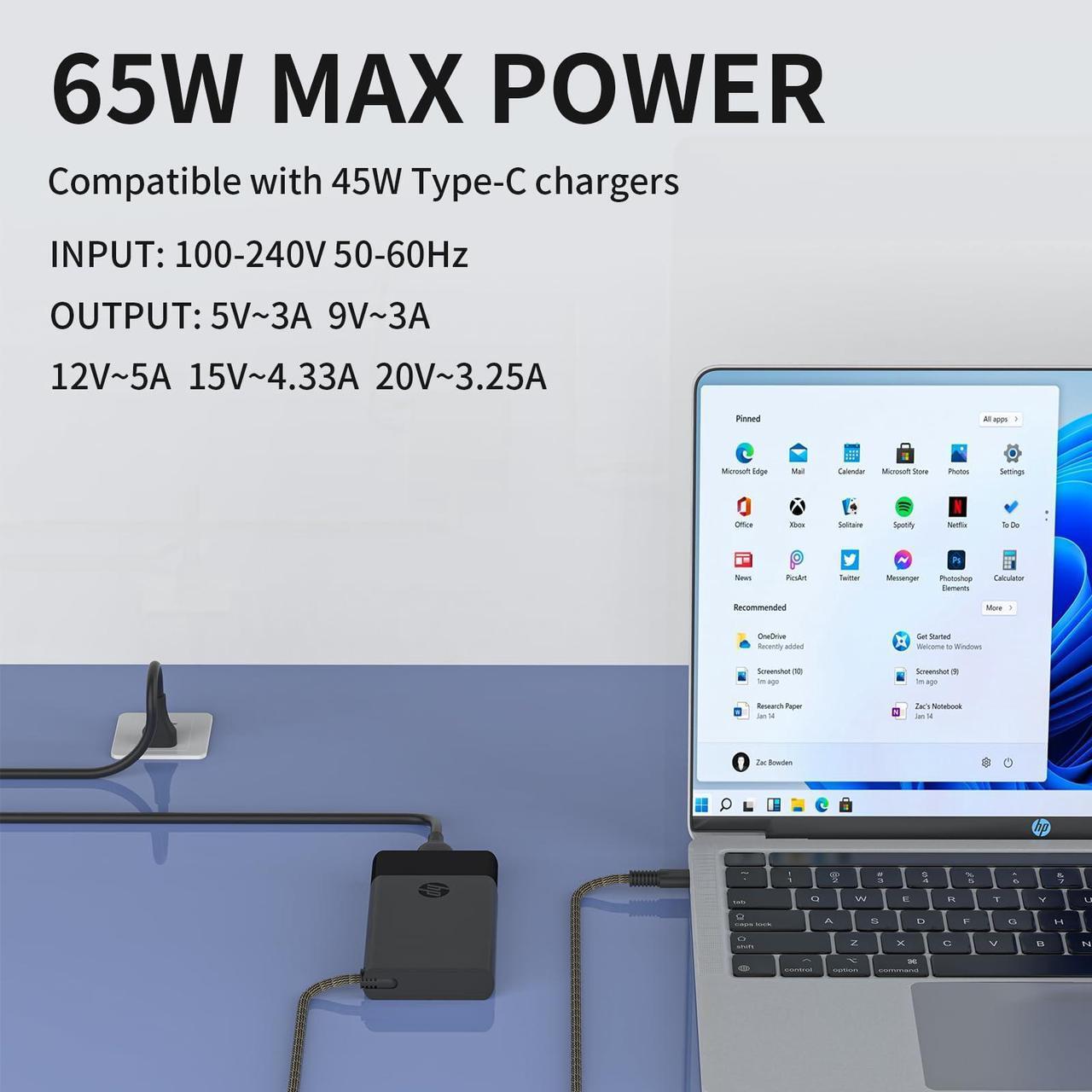 Alt view image 4 of 5 - New 65W 45W USB C Laptop Charger Fit for HP EliteBook 840 845 835 830 865 860 640 655 1040 G9 G8 G10 ProBook 440 450 445 460 465 G9 G10 G11 HP Elite x2 1012 G1 G2 Laptop AC Power Adapter Supply Cord