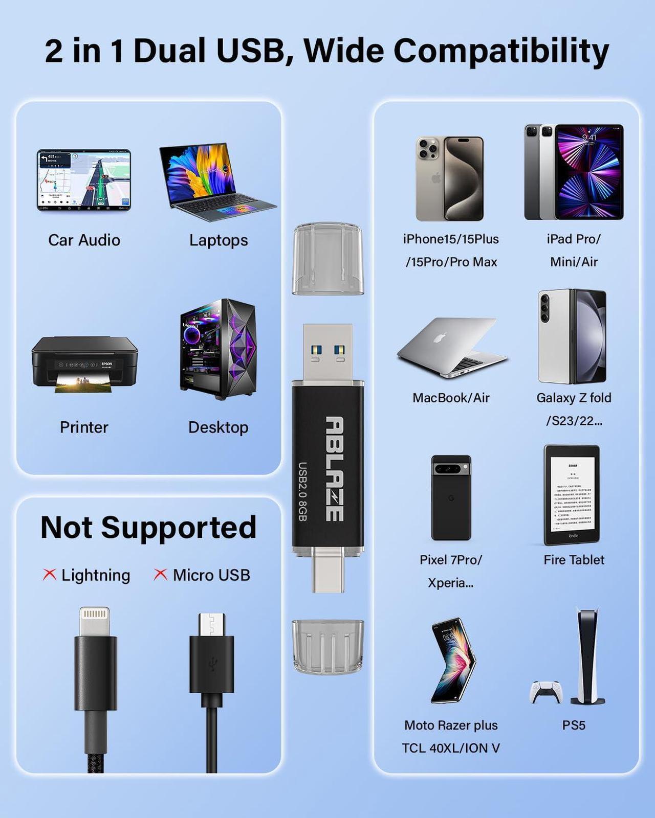 Alt view image 5 of 5 - ABLAZE 8GB Type C Flash Drive 10 Pack, Dual USB 2.0+USB C Memory Stick Thumb Drive Compatible with iPhone 16/15, Android Smartphone, Computers, Tablets, Mac,iPad,PC