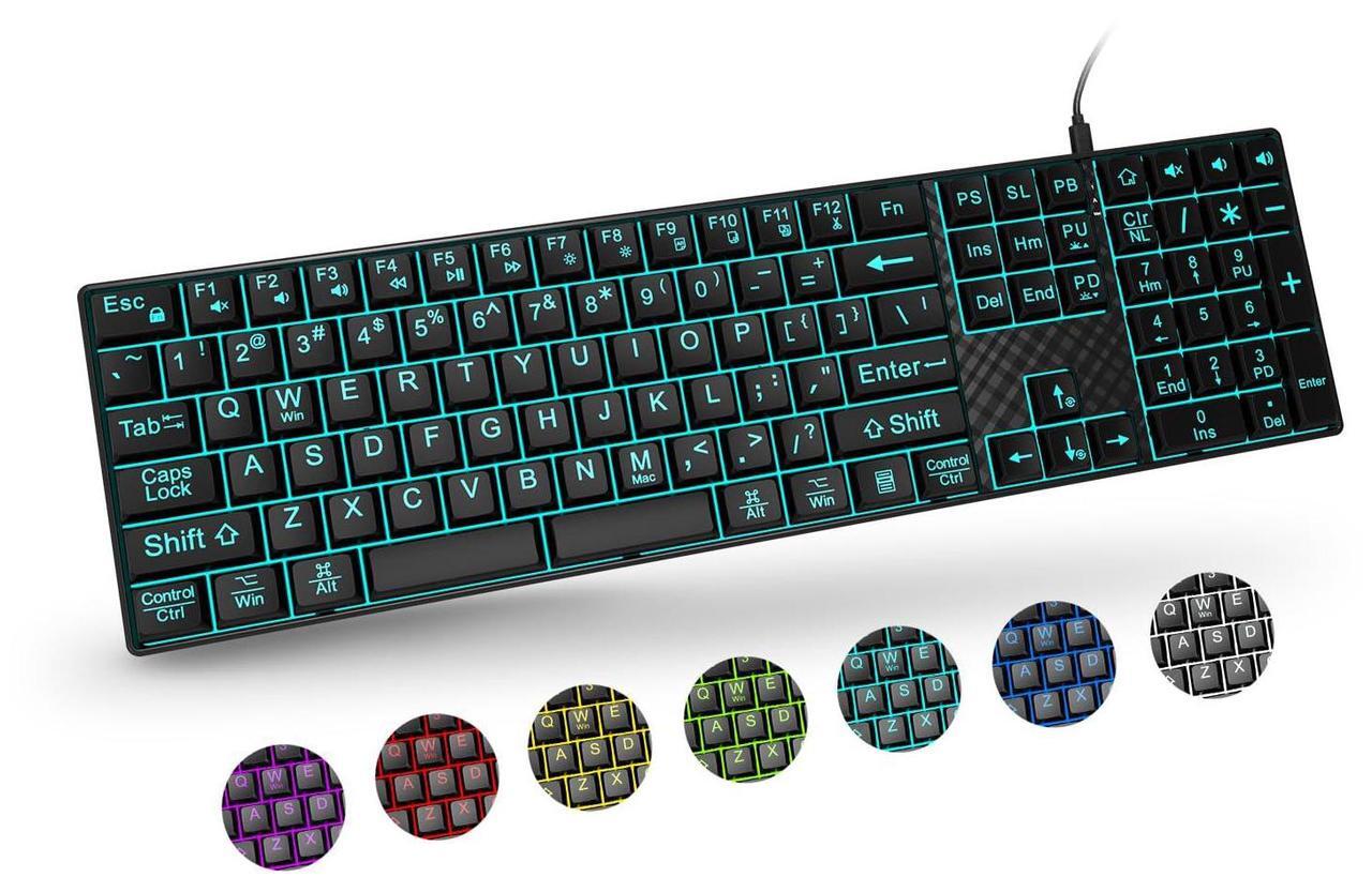 Main image of Large Print Backlit Keyboard, Quiet USB Wired Computer Keyboards, Full Size Keyboard with 7-Color & 6 Modes Backlit, Compatible for Windows/Mac, MacBook Pro/Air, Desktop, Laptop, PC, Gaming