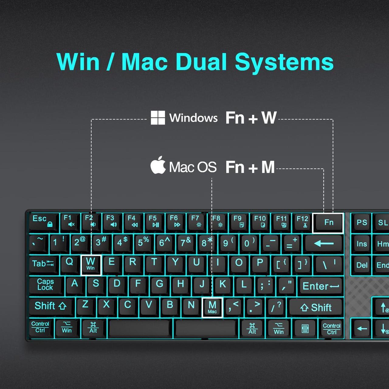 Alt view image 3 of 5 - Large Print Backlit Keyboard, Quiet USB Wired Computer Keyboards, Full Size Keyboard with 7-Color & 6 Modes Backlit, Compatible for Windows/Mac, MacBook Pro/Air, Desktop, Laptop, PC, Gaming