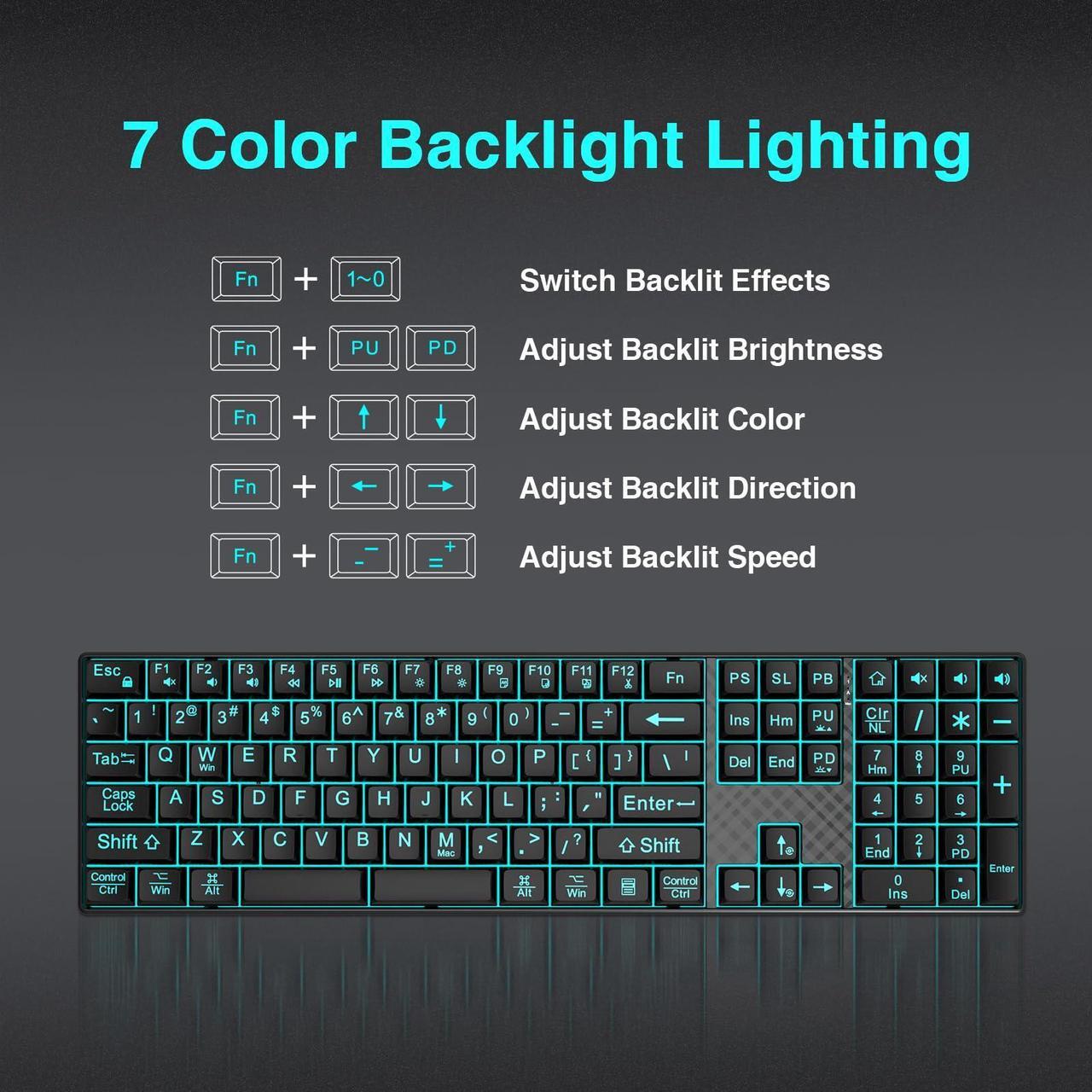 Alt view image 4 of 5 - Large Print Backlit Keyboard, Quiet USB Wired Computer Keyboards, Full Size Keyboard with 7-Color & 6 Modes Backlit, Compatible for Windows/Mac, MacBook Pro/Air, Desktop, Laptop, PC, Gaming