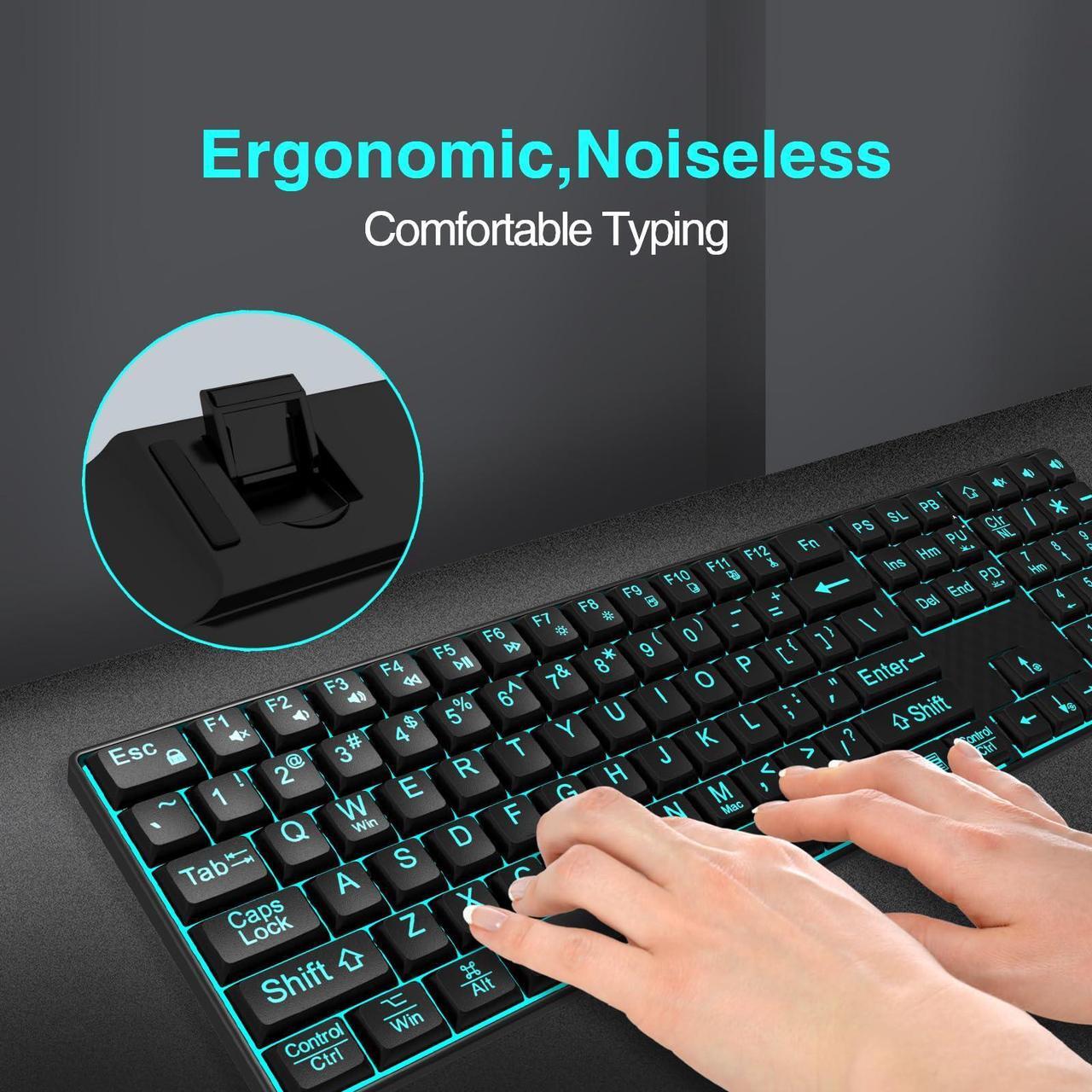 Alt view image 5 of 5 - Large Print Backlit Keyboard, Quiet USB Wired Computer Keyboards, Full Size Keyboard with 7-Color & 6 Modes Backlit, Compatible for Windows/Mac, MacBook Pro/Air, Desktop, Laptop, PC, Gaming