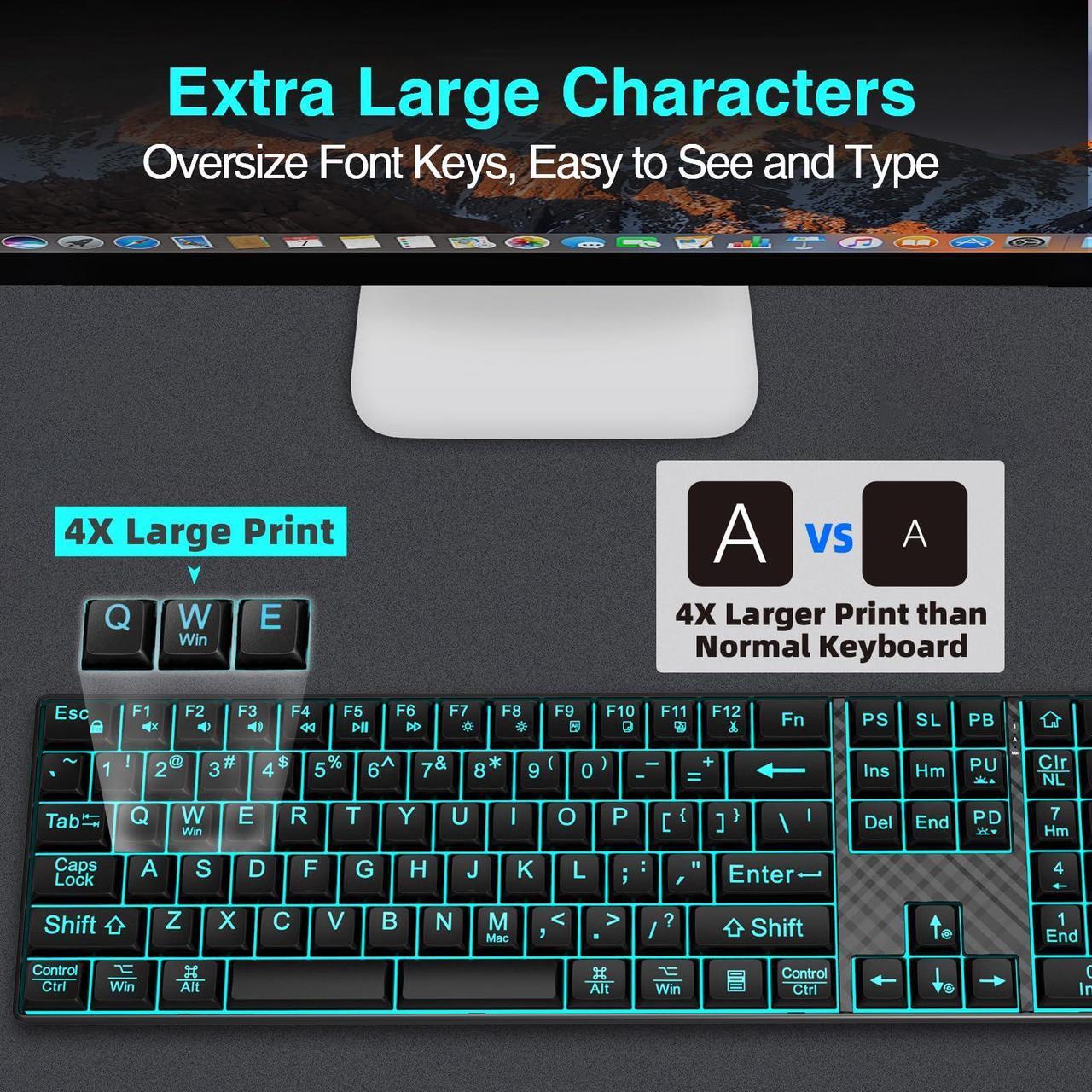 Alt view image 2 of 5 - Large Print Backlit Keyboard, Quiet USB Wired Computer Keyboards, Full Size Keyboard with 7-Color & 6 Modes Backlit, Compatible for Windows/Mac, MacBook Pro/Air, Desktop, Laptop, PC, Gaming