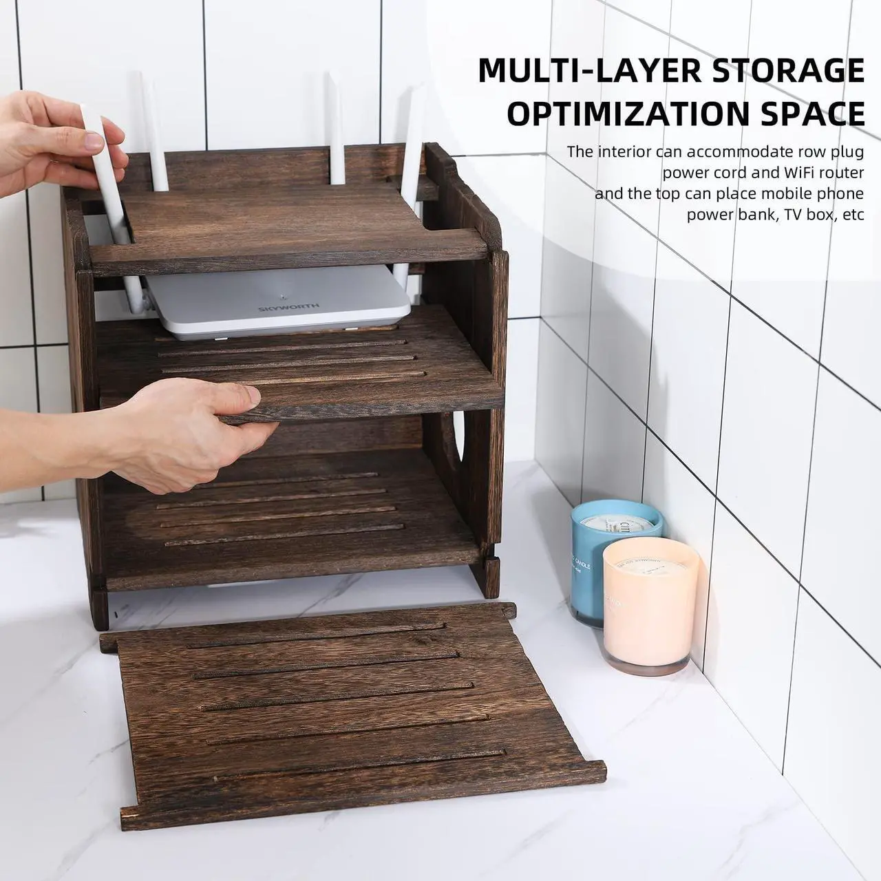 Alt view image 3 of 5 - BEARUT Wooden Router Shelf Wall Mount WiFi Router Storage Box Modem Cable Router Cover Organized Power Strip Cable Management Hider Rack Need Assembly 11.4" W x 9.4" H x 9.1" D