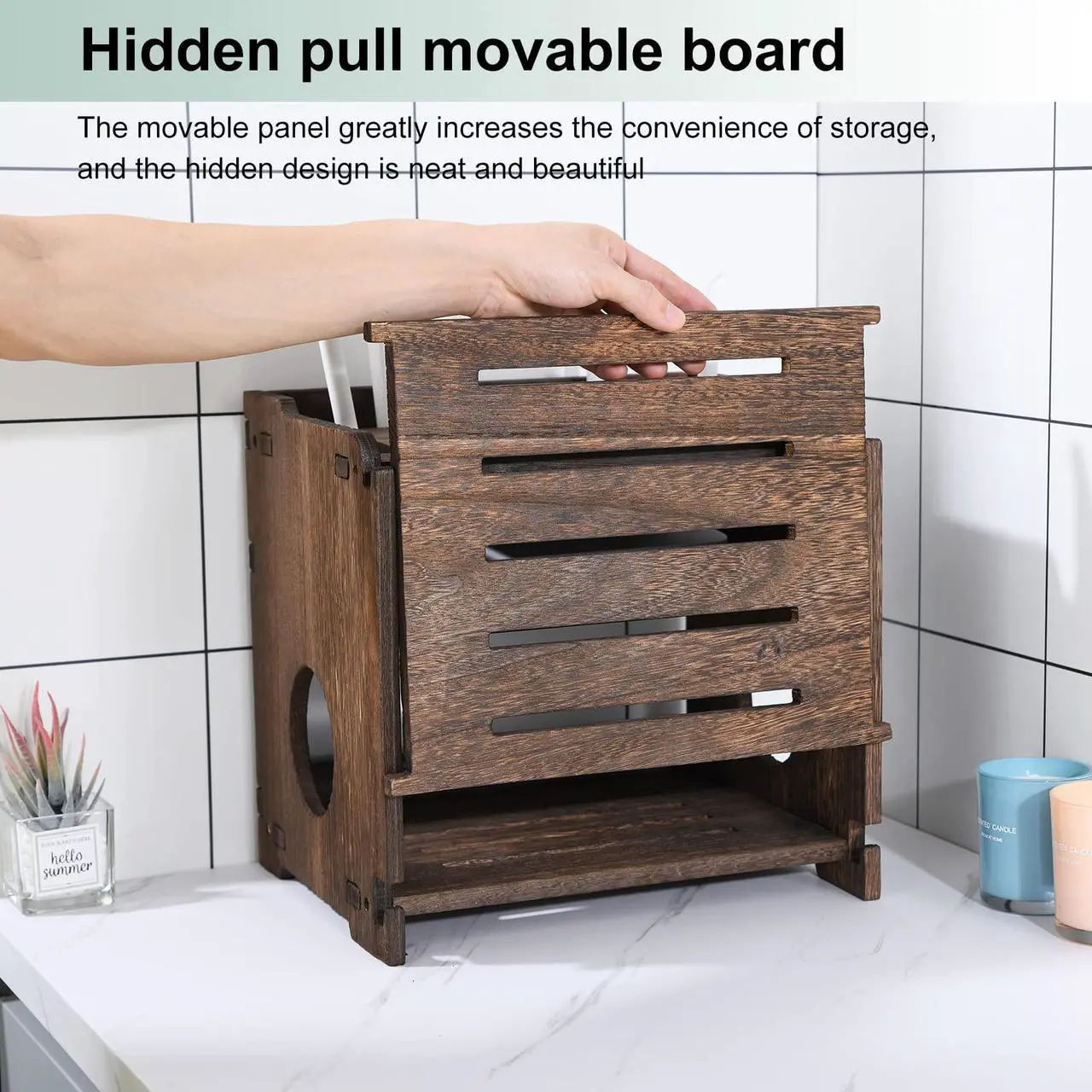 Alt view image 4 of 5 - BEARUT Wooden Router Shelf Wall Mount WiFi Router Storage Box Modem Cable Router Cover Organized Power Strip Cable Management Hider Rack Need Assembly 11.4" W x 9.4" H x 9.1" D