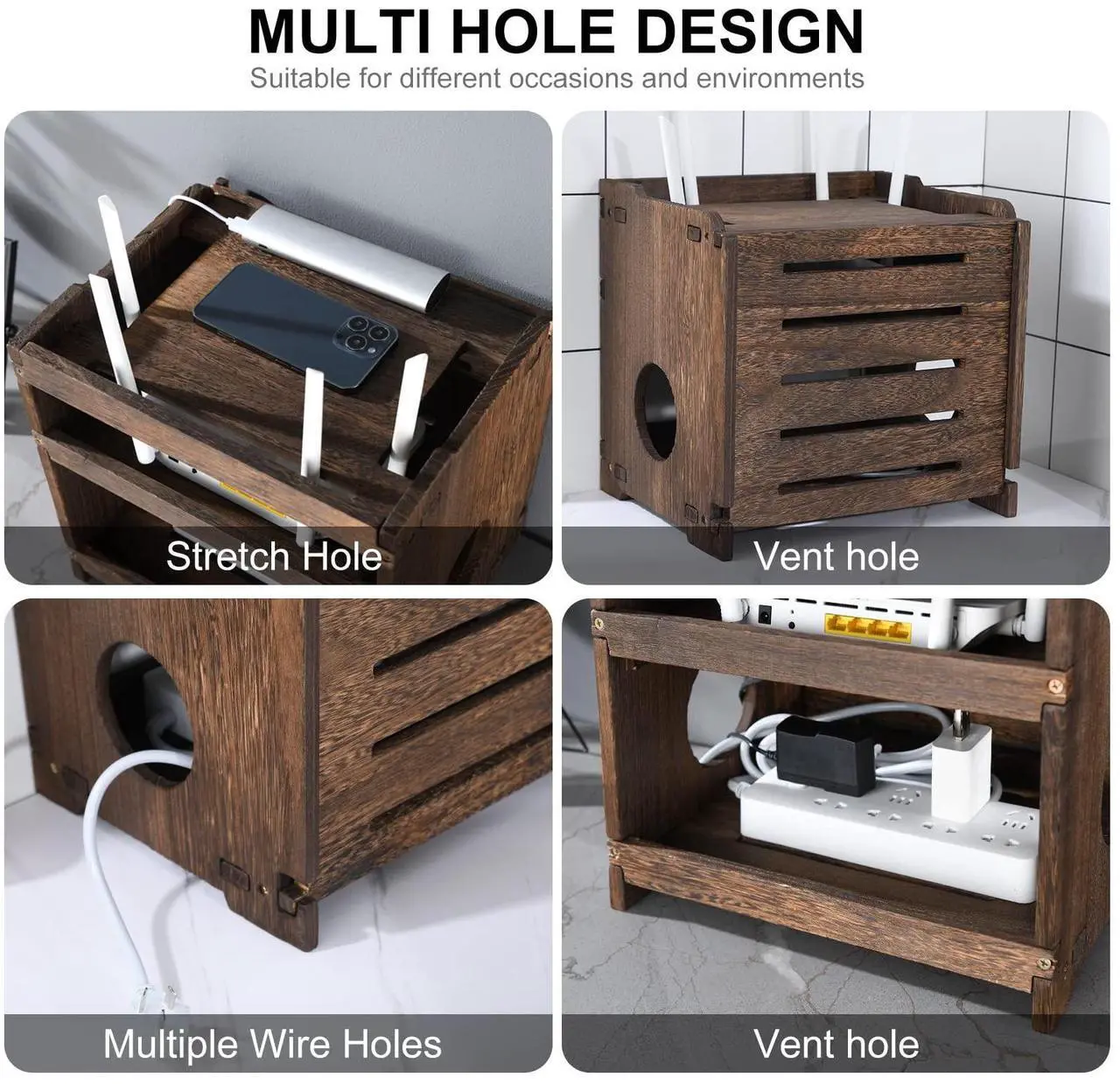 Alt view image 5 of 5 - BEARUT Wooden Router Shelf Wall Mount WiFi Router Storage Box Modem Cable Router Cover Organized Power Strip Cable Management Hider Rack Need Assembly 11.4" W x 9.4" H x 9.1" D