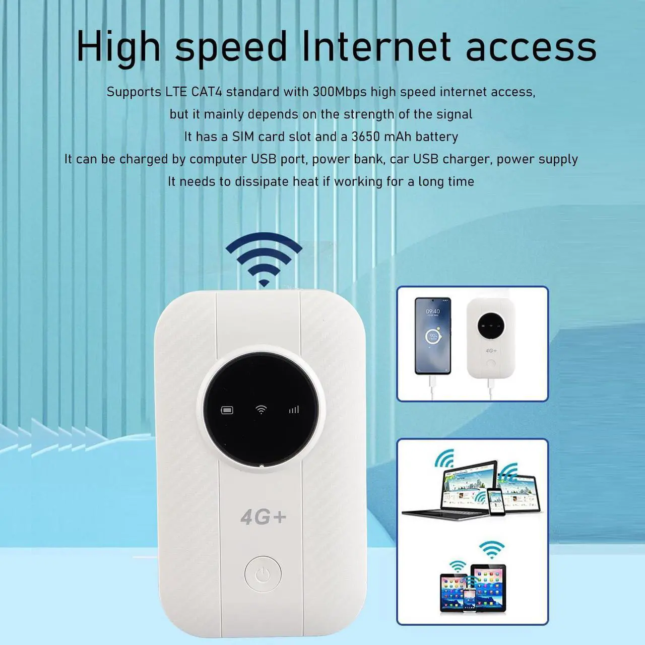 Alt view image 5 of 5 - Bewinner 4G LTE Portable Router for Travel, 300Mbps Unlocked High Speed 4G Pocket Mobile Hotspot,Up to 10 Devices, USB Powered, 4G B1/3/5/7/8/40, Bewinner8h6gmir2op