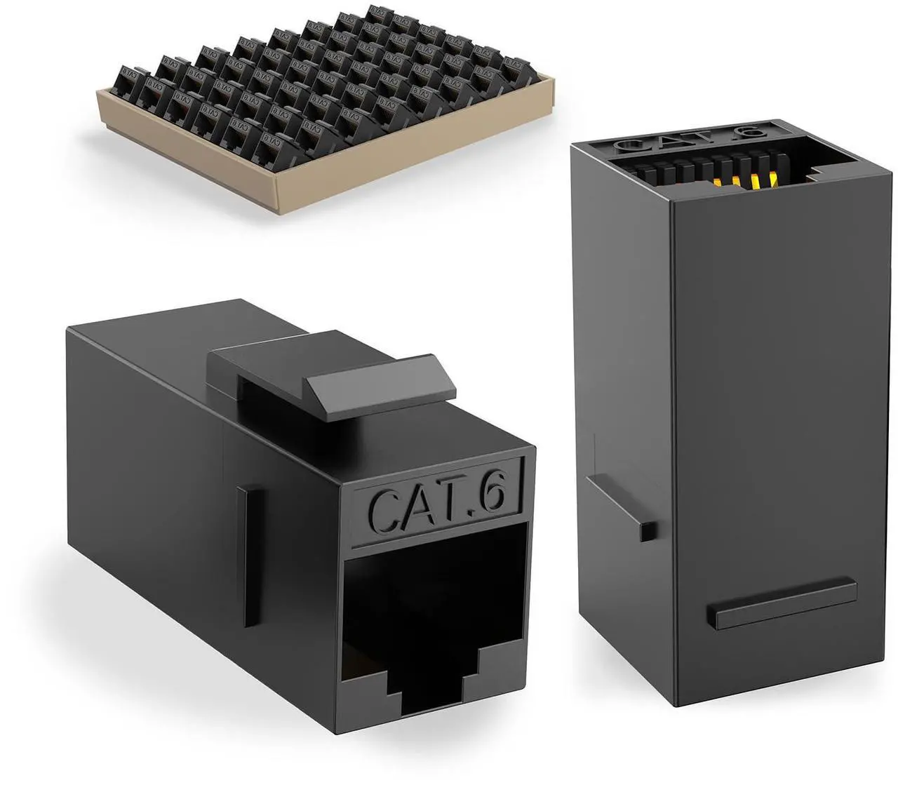 Main image of CableGeeker Cat6 RJ45 Keystone Coupler 50-Pack, Female to Female Cat 6 Keystone Jack, UTP Inline Keystone Coupler Insert for Wall Plate & Patch Panel, Black