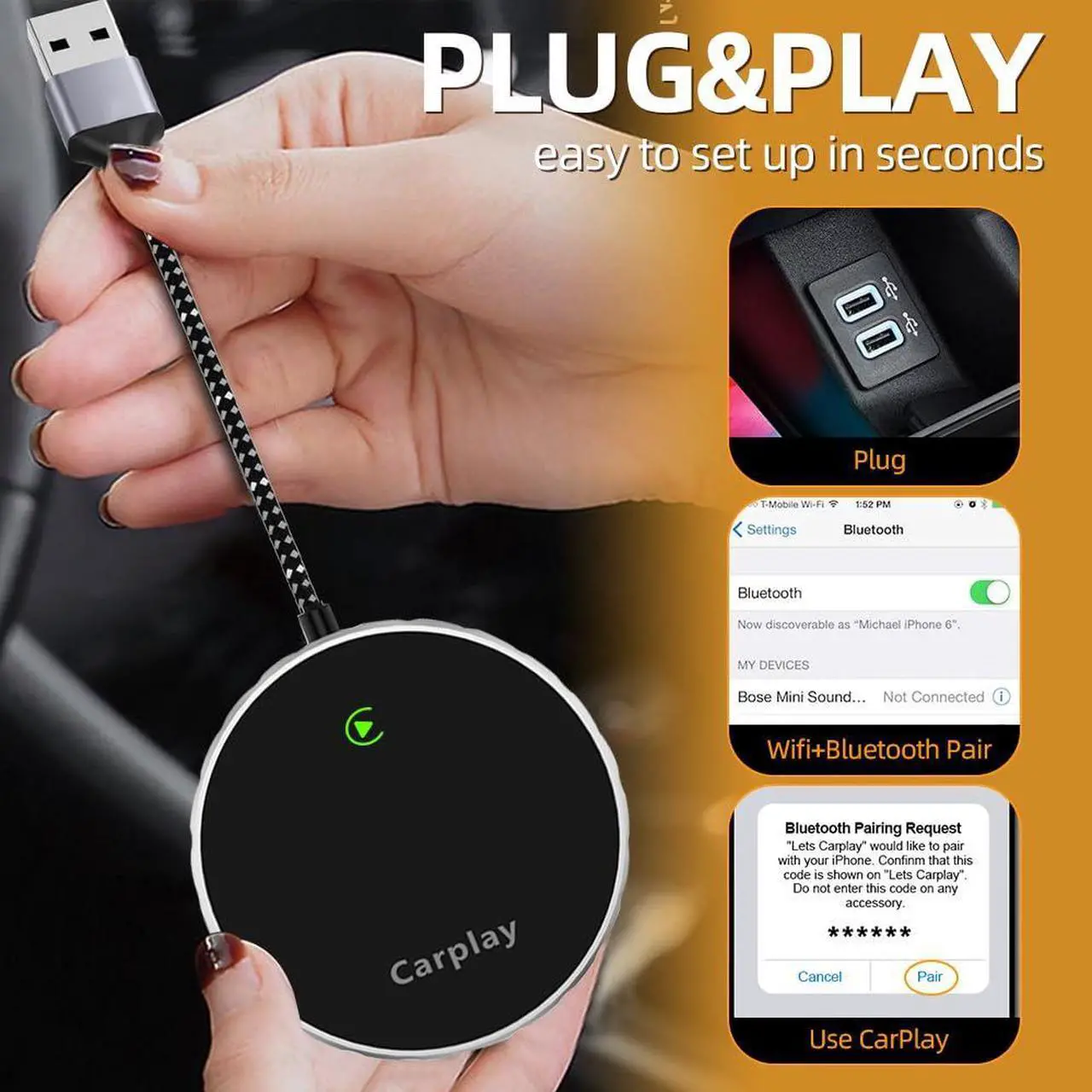 Alt view image 5 of 5 - Pro Wireless CarPlay Adapter, 2024 Upgrade, Bluetooth Magic Link, Compatible for Apple CarPlay Wireless Adapter for Cars from 2016 & iPhone iOS 10+ (Circle/Black)