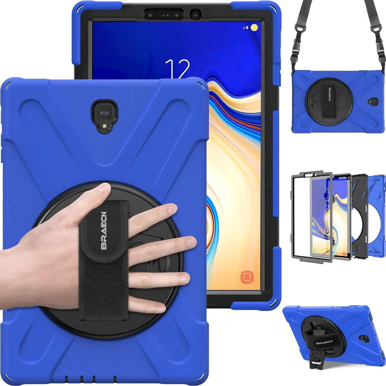 Main image of BRAECN for Galaxy Tab S4 10.5 2018 Case,Three Layer Heavy Duty Drop-Proof Protective Silicone Case with Kickstand+Hand Grip+Carrying Strap for Samsung Tab S4 10.5 Inch T830/T835/T837 2018 (Blue)