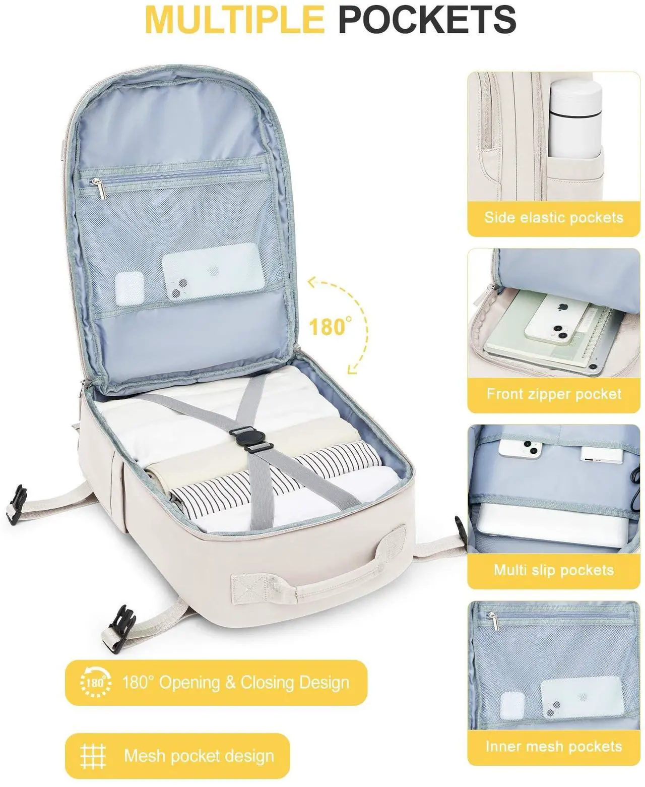 Alt view image 4 of 5 - Travel Backpack for Women Men, Waterproof Carry on Backpack for Flight Approved Personal Item Bag, Business Laptop Backpack with USB Charging for Hiking Gym with Shoe Compartment Casual Daypack White