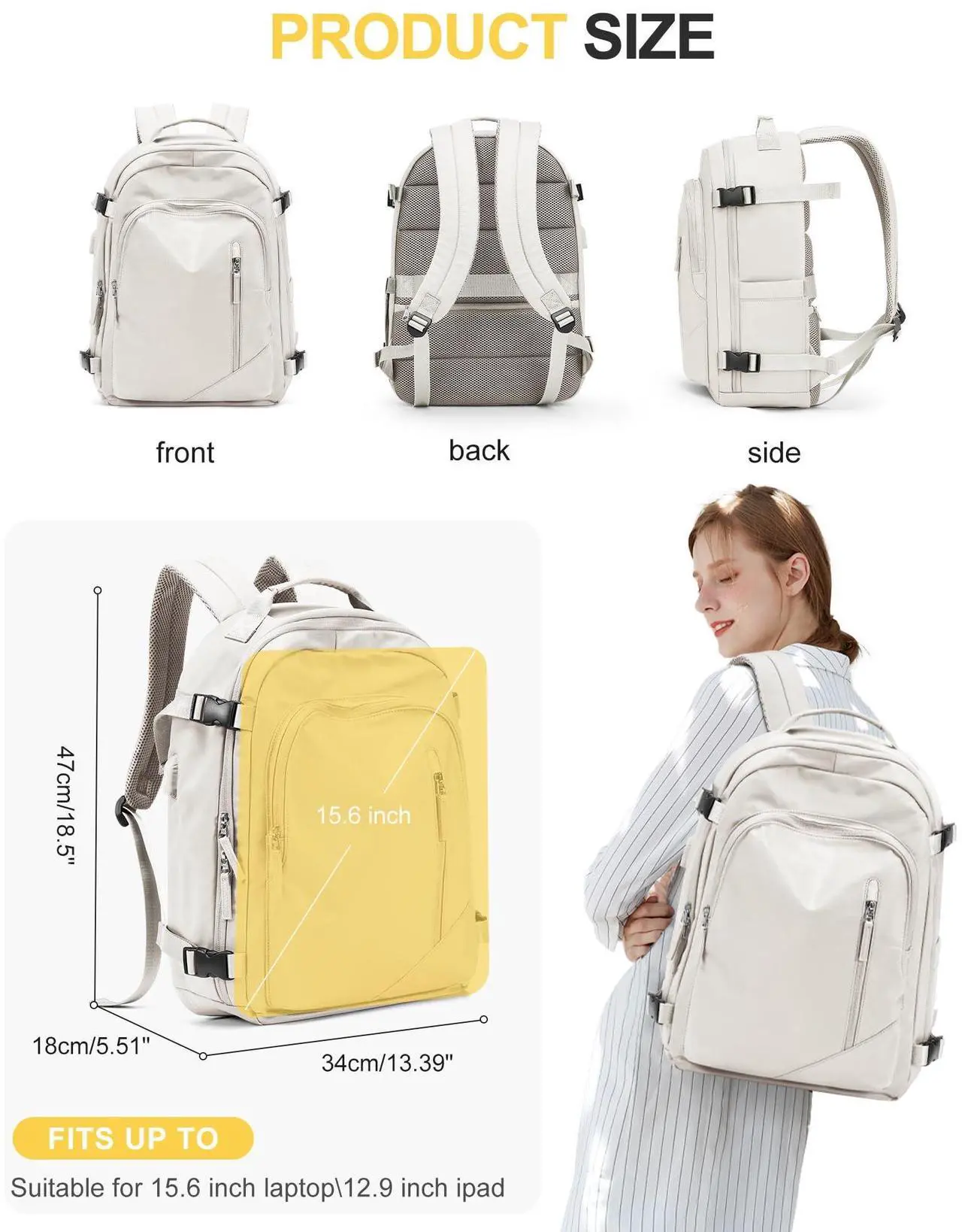 Alt view image 3 of 5 - Travel Backpack for Women Men, Waterproof Carry on Backpack for Flight Approved Personal Item Bag, Business Laptop Backpack with USB Charging for Hiking Gym with Shoe Compartment Casual Daypack White